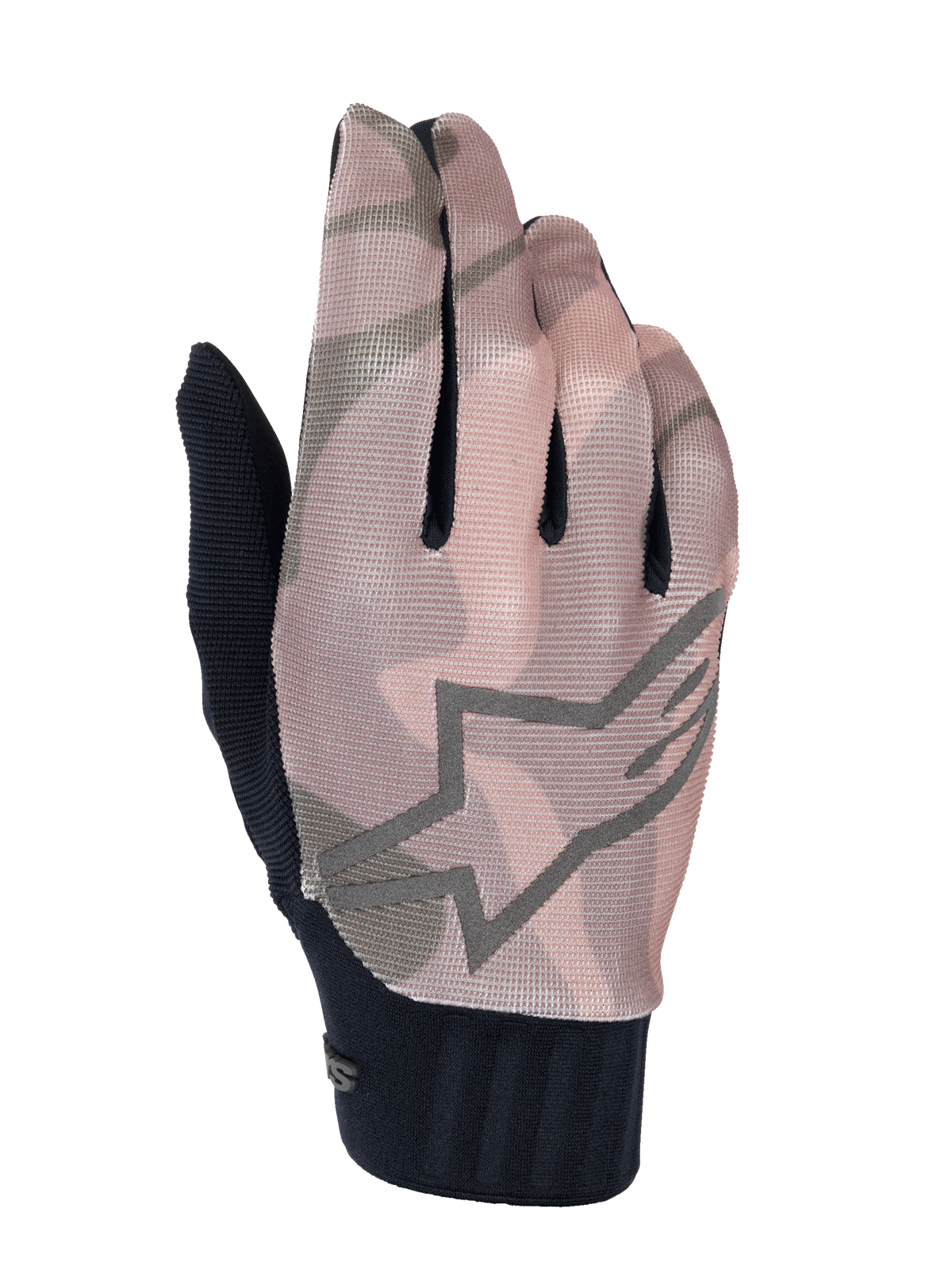 Alpinestars A-Dura Squad Gloves, rękawice rowerowe MTB, brązowy i szary wzór moro, duży kontur logo gwiazdy na wierzchu, teksturowana siateczka, czarny prążkowany mankiet