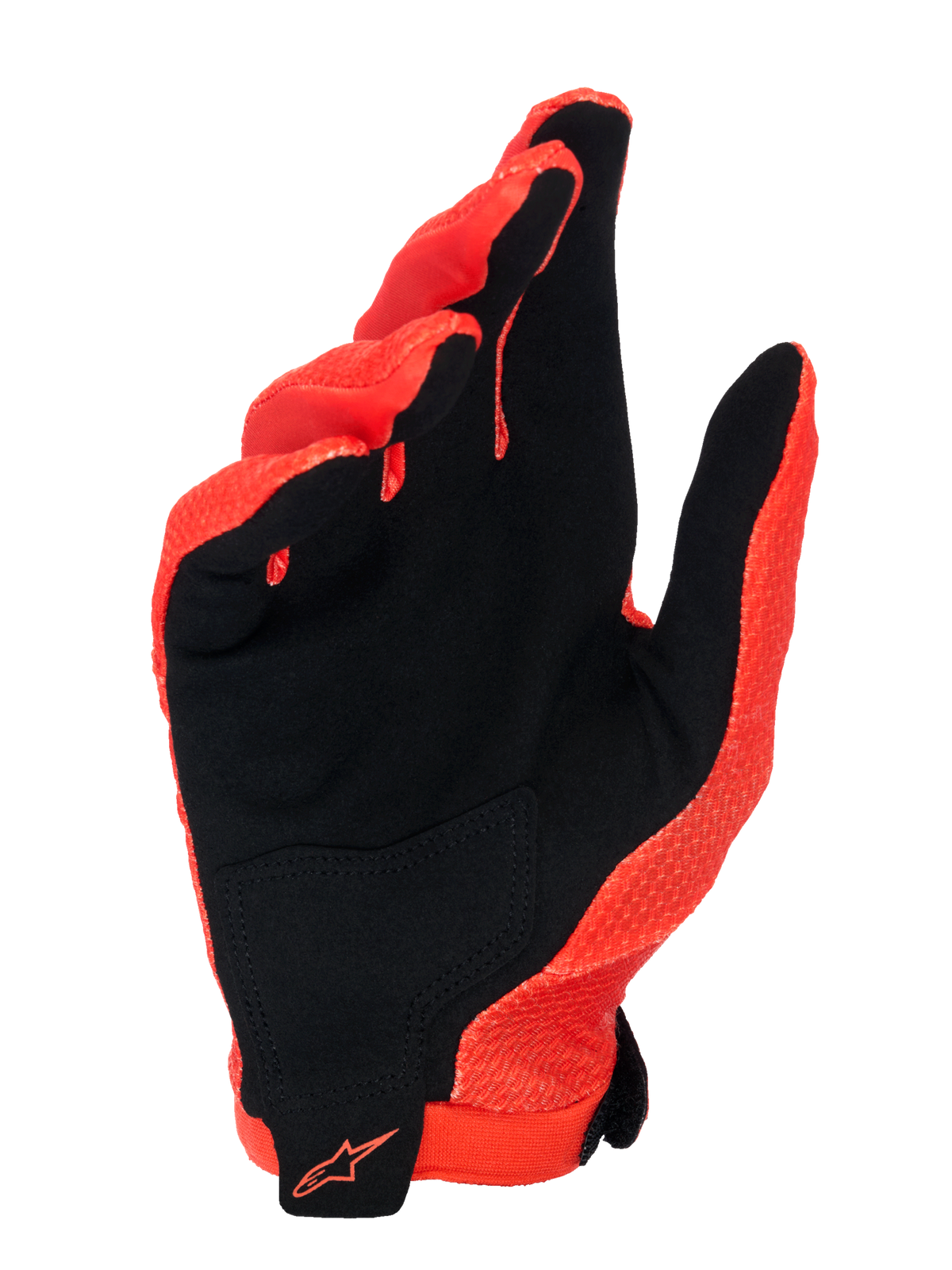 Alpinestars A-Aria Gloves, Spicy Orange and Black, palm view showing synthetic suede material with a black palm patch, orange Alpinestars logo on the wrist, lightweight and ventilated design for MTB and off-road cycling