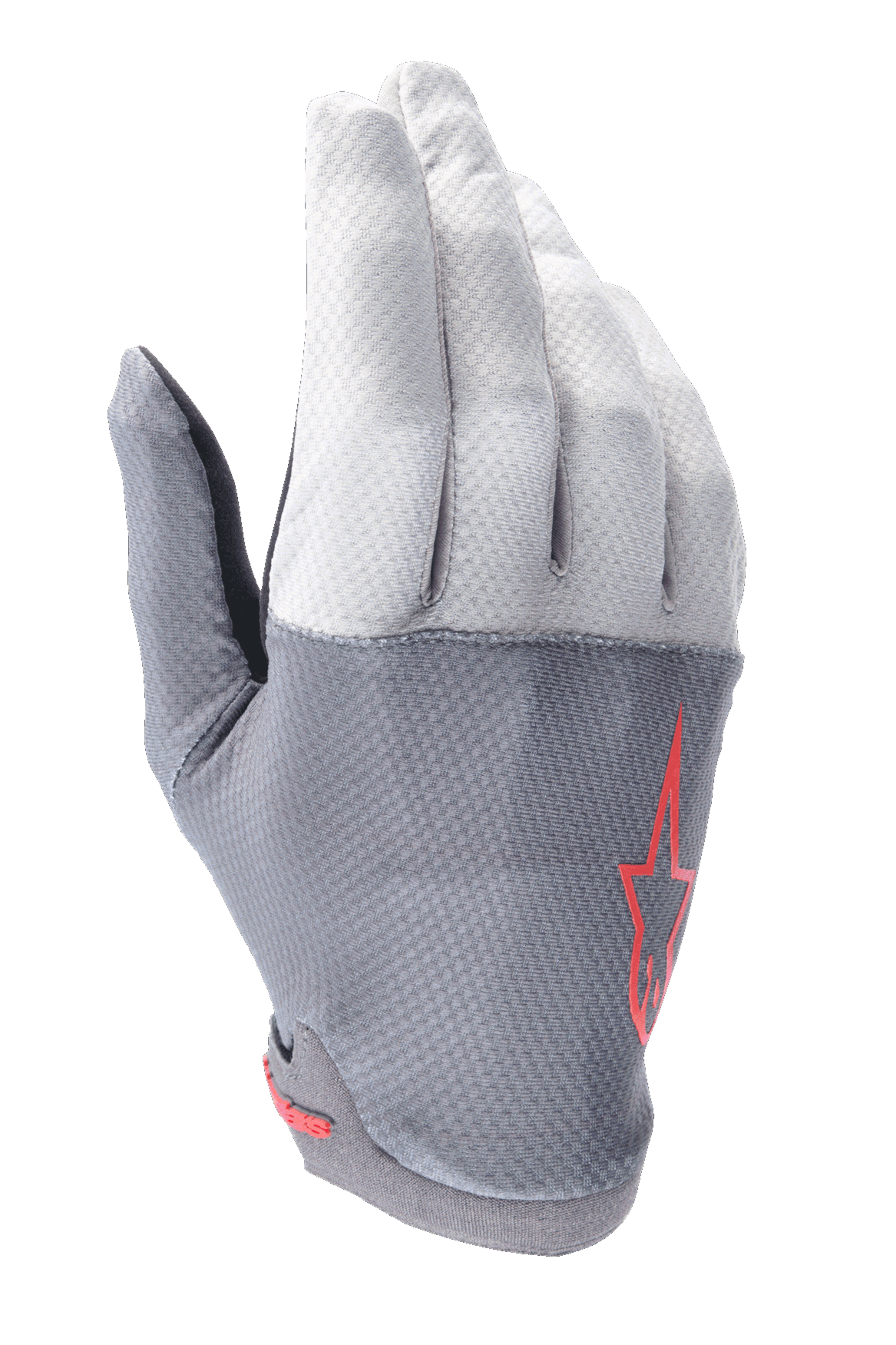 Alpinestars A-Aria Gloves, MTB Cycling Gloves, Dark Gray and Light Gray with Red Accents, featuring a Red Star logo, ventilated stretch fabric, and lightweight flexible construction