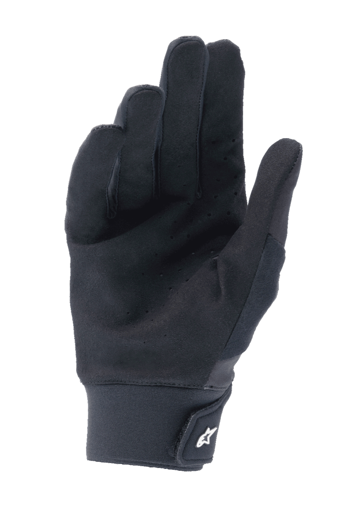 Alpinestars A-Supra Gloves, Black, palm view featuring perforated synthetic suede for ventilation, neoprene cuff with hook and loop closure and white logo, performance mountain biking gear