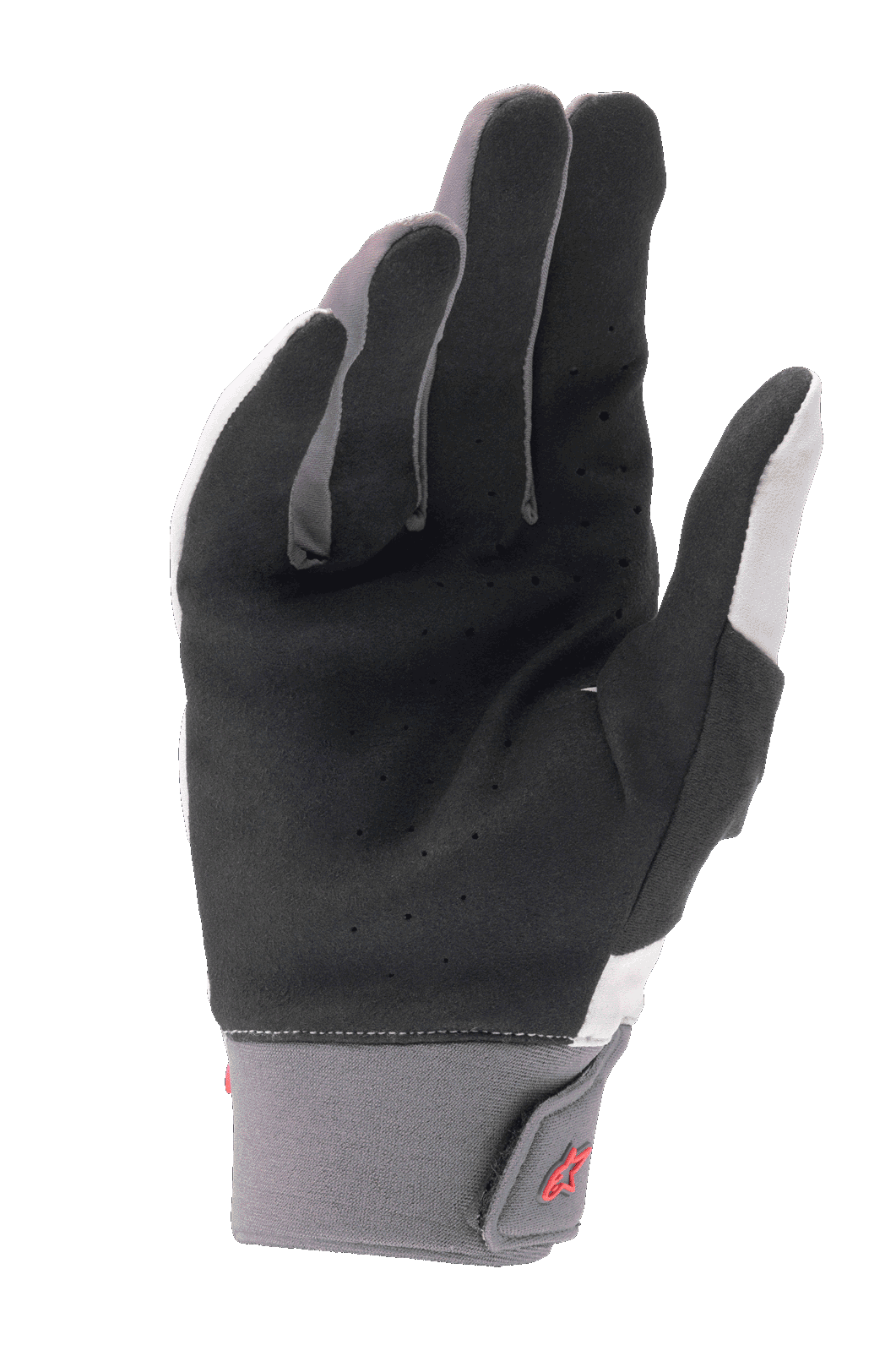 Alpinestars A-Supra Gloves, rękawice rowerowe MTB, jasnoszare i czarne, z dłonią z perforowanego zamszu syntetycznego, neoprenowy mankiet z zapięciem na rzep, czerwony detal z logo, zaprojektowane do kolarstwa wyczynowego
