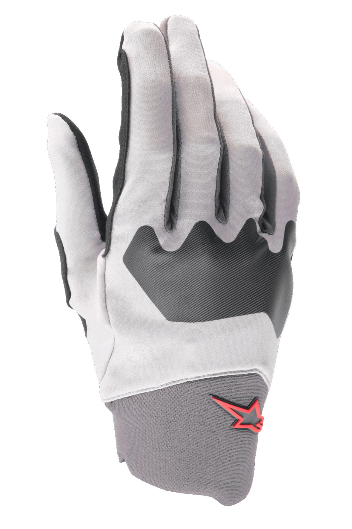 Alpinestars A-Supra Gloves, rękawice rowerowe MTB, jasnoszare i czarne, teksturowany panel na kostkach, małe czerwone logo gwiazdy na neoprenowym mankiecie, elastyczna konstrukcja ze spandexu do jazdy na rowerze