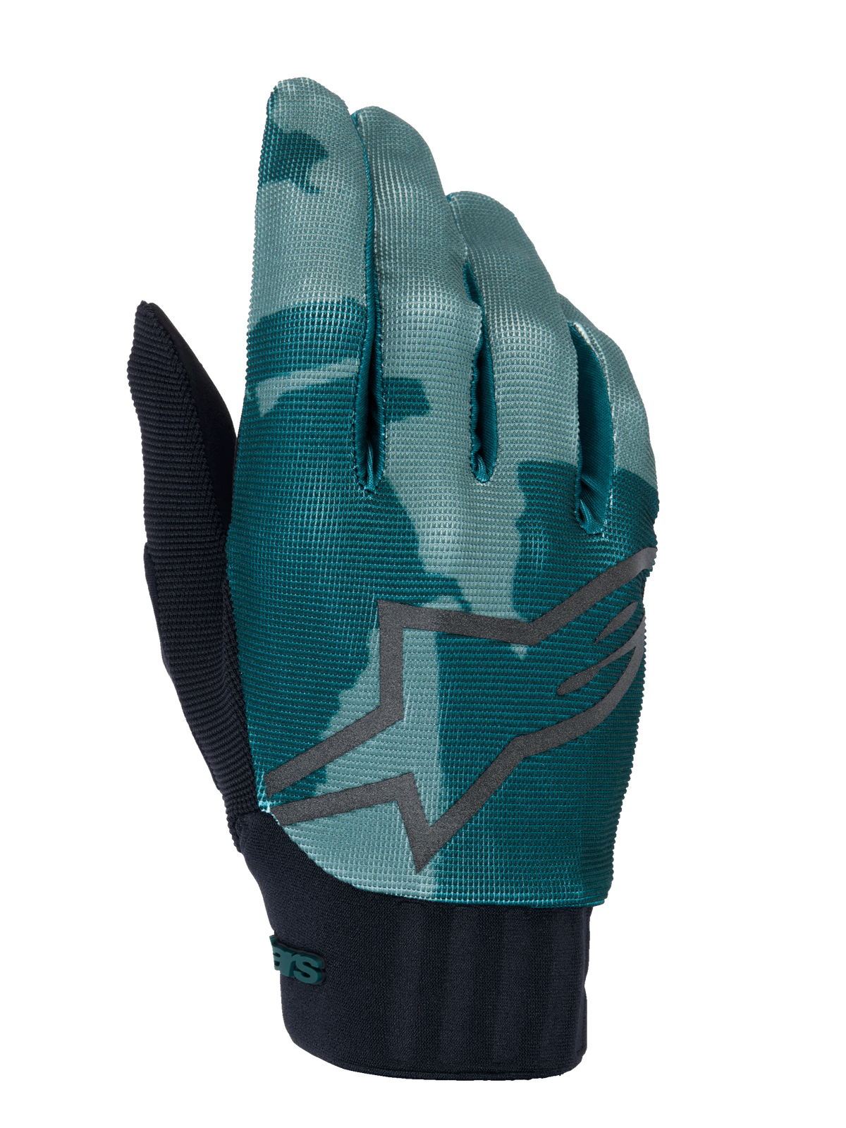 Rękawice Alpinestars A-Dura, rękawice rowerowe MTB, Green Camo, turkusowy i ciemnozielony wzór moro z dużym szarym logo gwiazdy, czarny prążkowany mankiet z neoprenu, odzież techniczna do kolarstwa terenowego