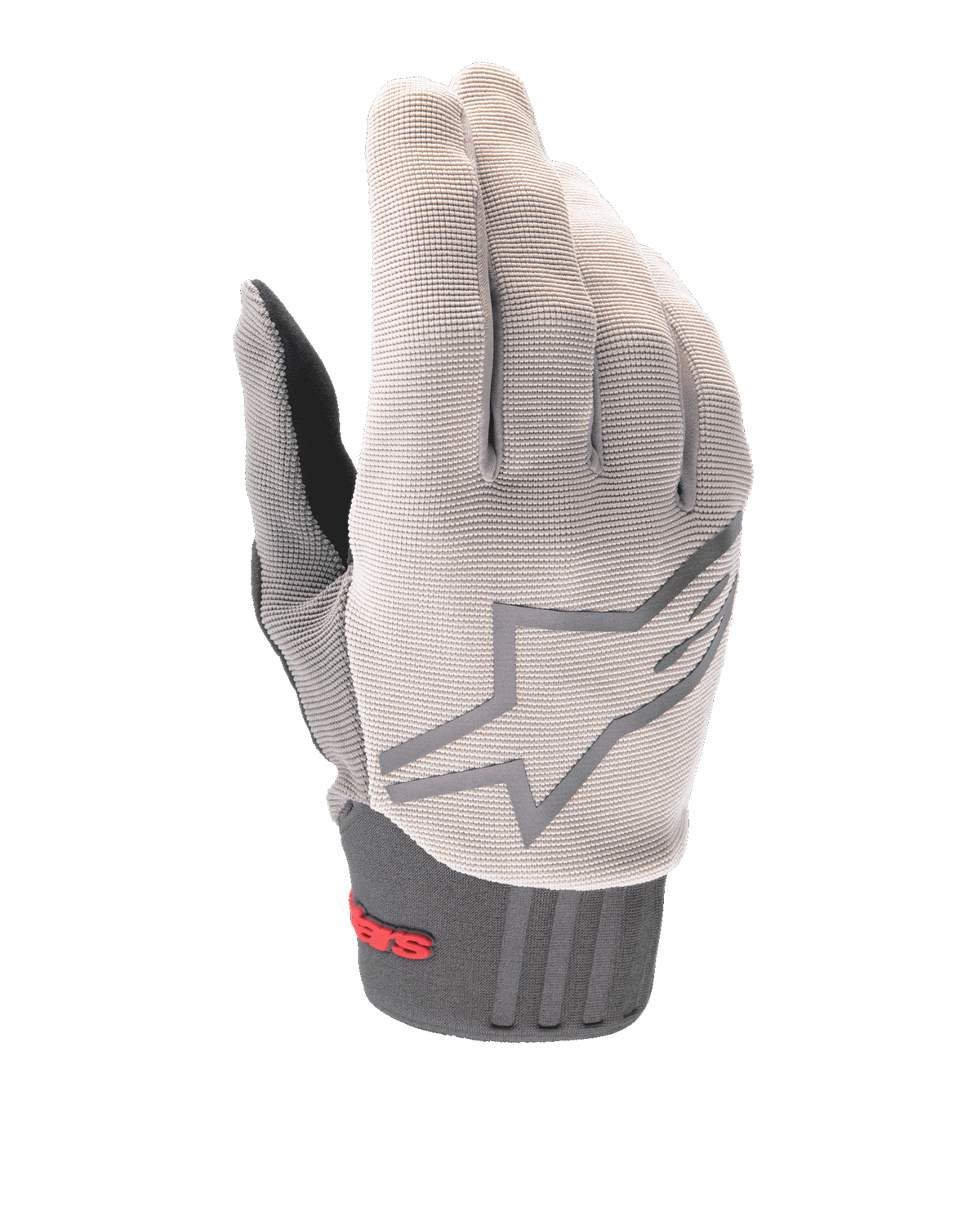 Rękawice Alpinestars A-Dura, rękawice rowerowe MTB, jasnoszare i grafitowe, z dużym logo gwiazdy na grzbiecie, czerwonym brandingiem Alpinestars na neoprenowym mankiecie, wierzchem z teksturowanej elastycznej tkaniny i ergonomicznym designem do jazdy w terenie