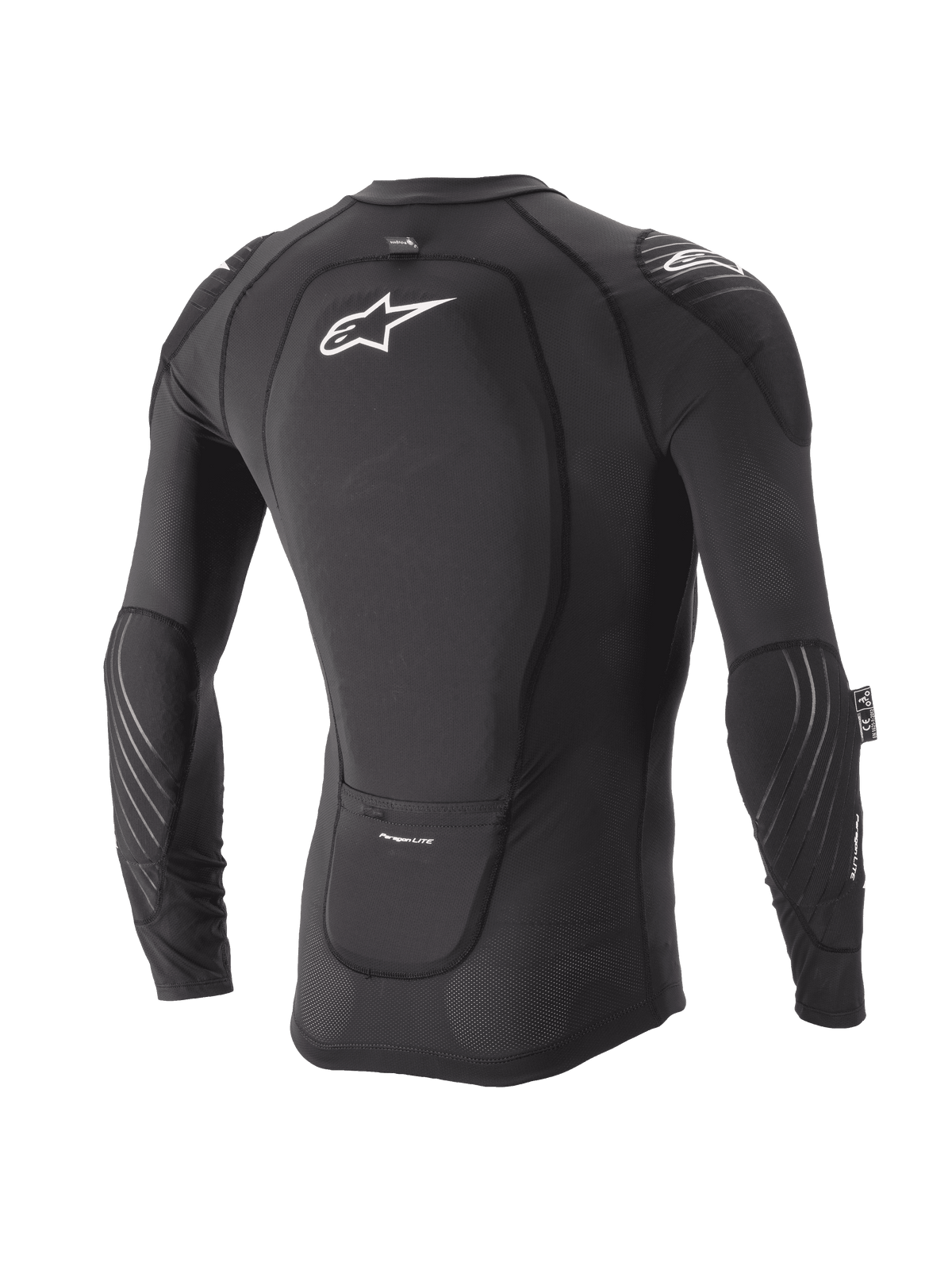 Alpinestars Youth Paragon Lite Protection Jacket, Long Sleeve, Black, rear view showing integrated back protector and white logo, breathable mesh sleeves with elbow padding, lightweight MTB body armor