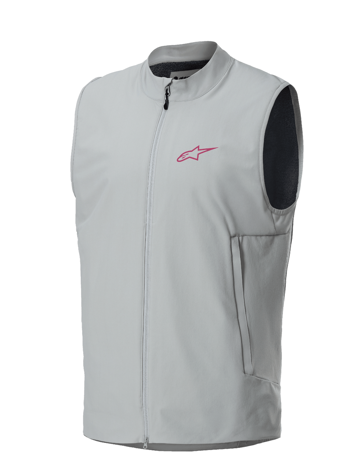 Alpinestars A-Dura Thermal Vest, szara kamizelka termiczna, logo Alpinestars w kolorze magenty na piersi, zamek na całej długości z pionowymi kieszeniami bocznymi, lekka ocieplana kamizelka do jazdy na rowerze górskim i trailu