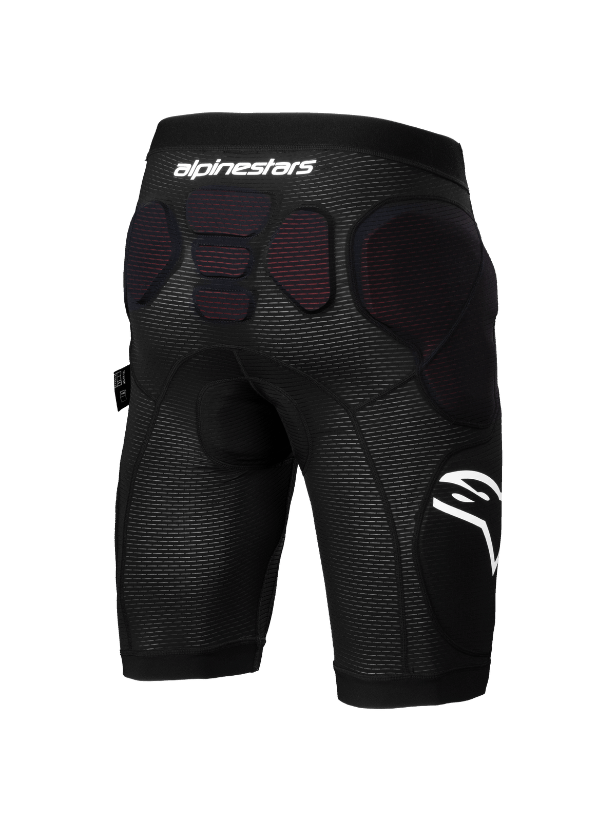 Alpinestars A-Impact Plasma Protection Shorts, Mountain Bike Protection Shorts, Black and White, rear view showing integrated protective padding on the hips and lower spine, breathable mesh fabric with white Alpinestars branding, designed for enduro and gravity cycling.