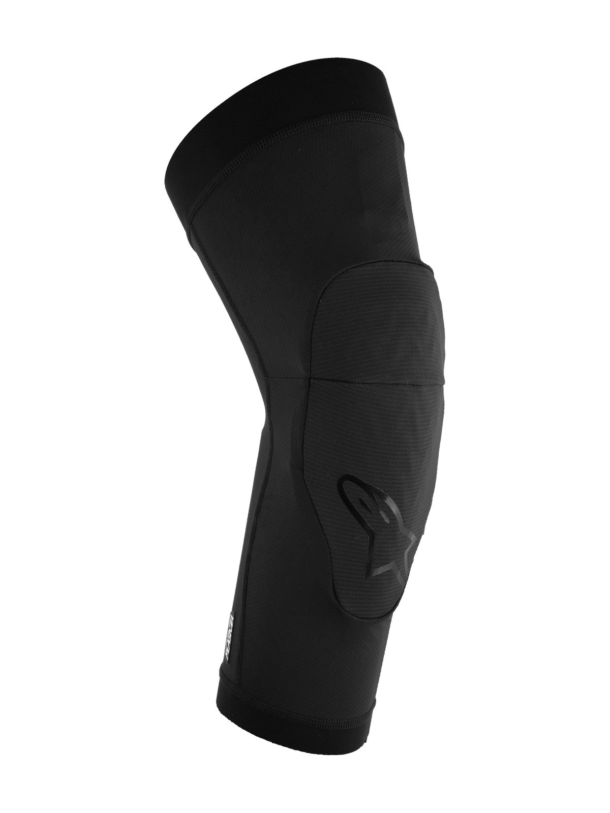 Alpinestars A-Motion Plasma Knee Sleeve, MTB Knee Protector, Black, pre-shaped ergonomic design with Nucleon Plasma impact pad, breathable stretch mesh fabric with Alpinestars logo on the knee, slip-on protection for mountain biking