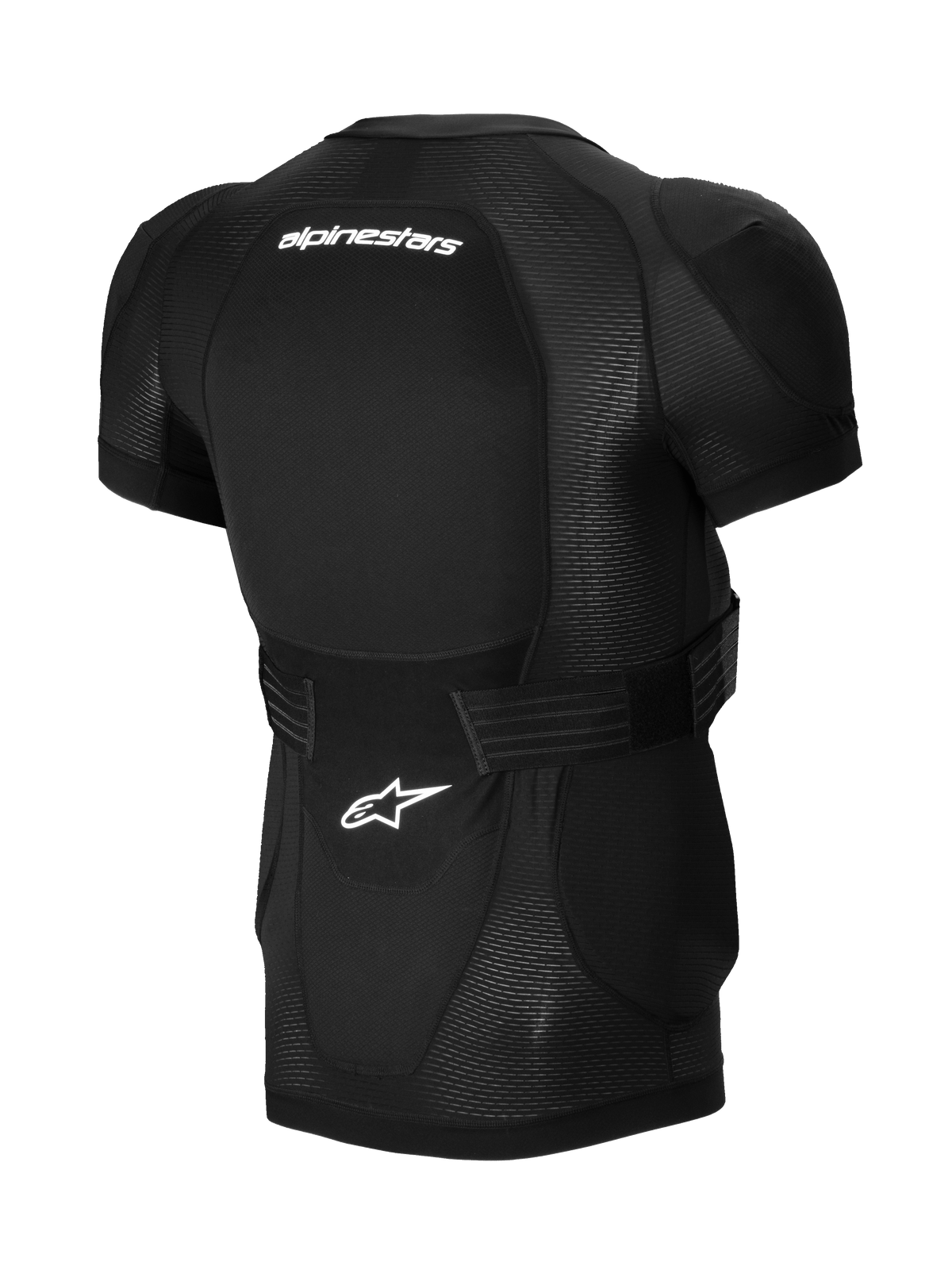 Alpinestars A-Impact Plasma Protection Jacket - krótki rękaw, czarna, widok z tyłu przedstawiający zintegrowany ochraniacz pleców, białe logo Alpinestars, regulowany pasek w talii oraz oddychająca konstrukcja z siatki dla ochrony MTB