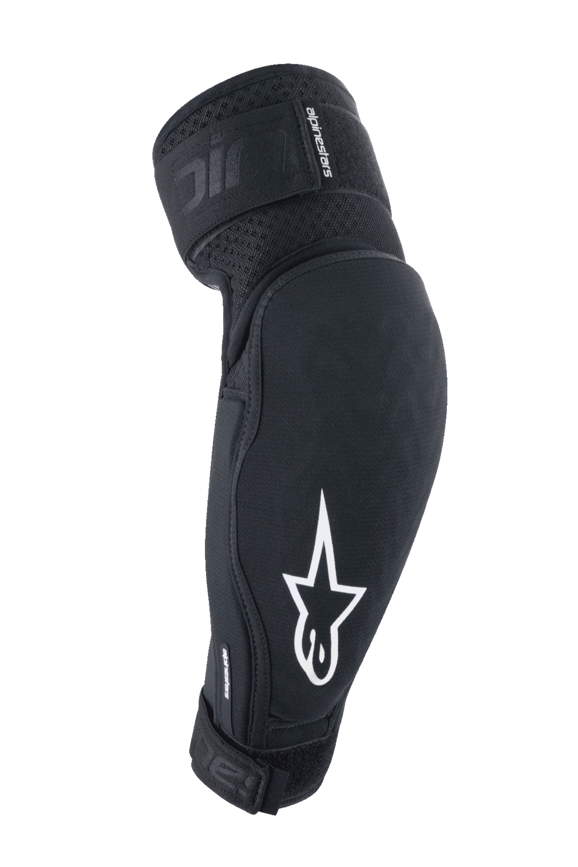 Alpinestars A-Impact Plasma Elite Elbow Protectors, czarno-białe, sprzęt ochronny MTB z białym logo gwiazdy, oddychająca teksturowana tkanina, regulowane paski z zapięciem na rzep, wstępnie zakrzywiony ergonomiczny design