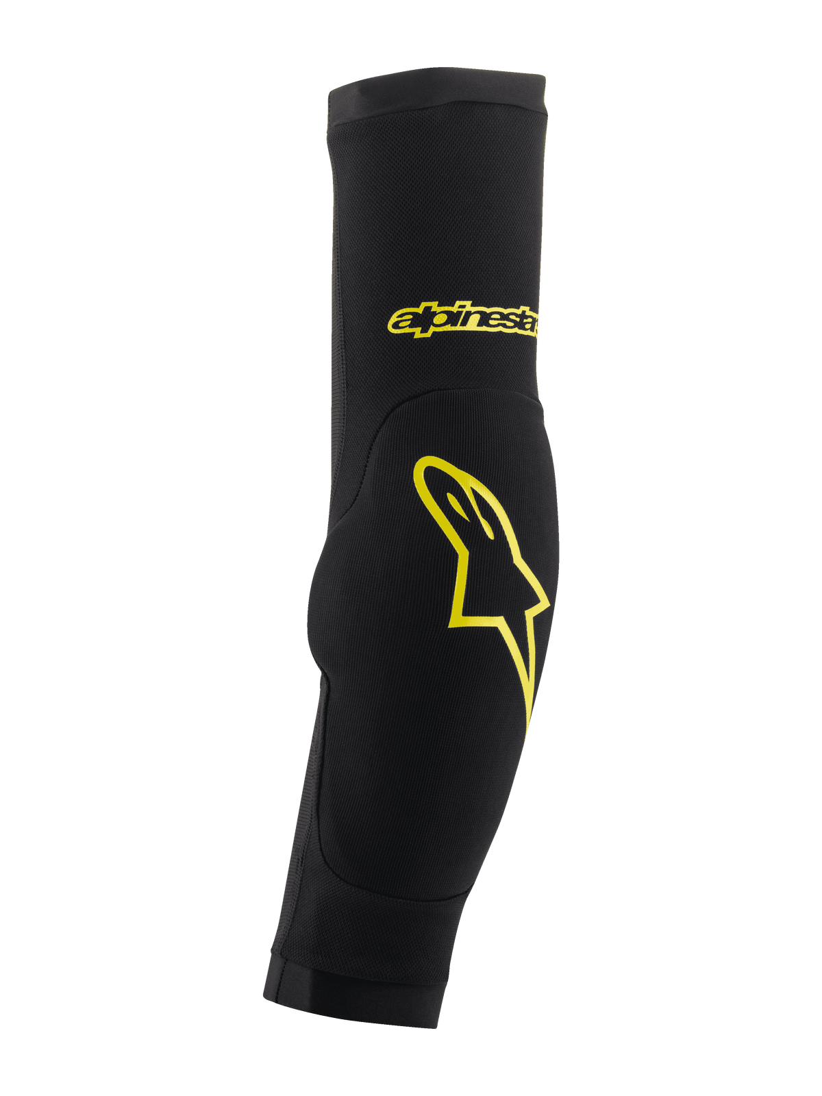 Alpinestars Paragon Plus, ochraniacze na łokcie, czarne i jaskrawożółte (Acid Yellow), wsuwana konstrukcja rękawa ze zintegrowaną wyściółką, żółte logo gwiazdy i napis marki, oddychająca siateczka zapewniająca ochronę MTB