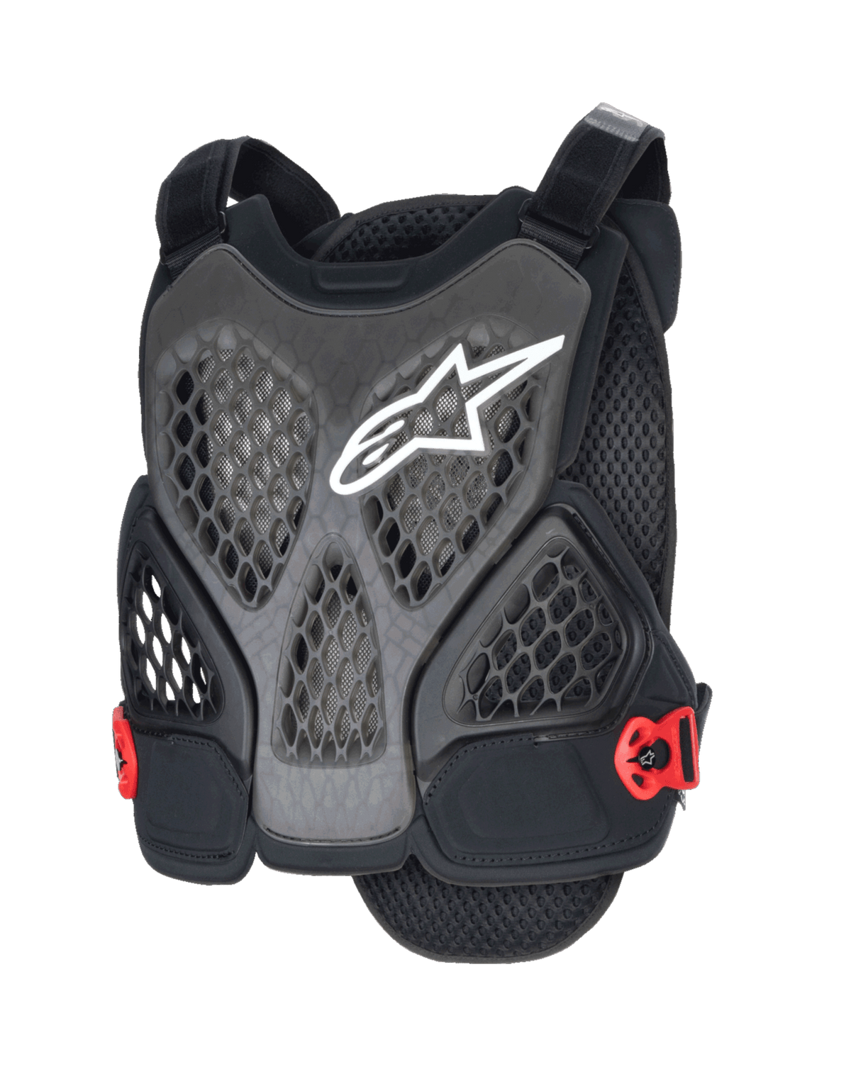 Alpinestars A-6 Plasma Chest Protector, ochraniacz klatki piersiowej MTB, czarny, antracytowy i czerwony, białe logo gwiazdy, perforowane panele z siatki o strukturze plastra miodu zapewniające wentylację, czerwone boczne klamry i regulowane paski na ramiona, zaprojektowany do ochrony w jeździe terenowej i grawitacyjnej MTB