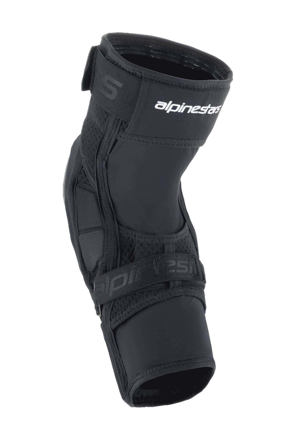 Ochraniacze kolan Alpinestars A-Impact Plasma Elite Shield, sprzęt ochronny MTB, czarne z białym logo, wstępnie zakrzywiona ergonomiczna konstrukcja, zapięcie na dwa paski i oddychające panele z siateczki do kolarstwa górskiego