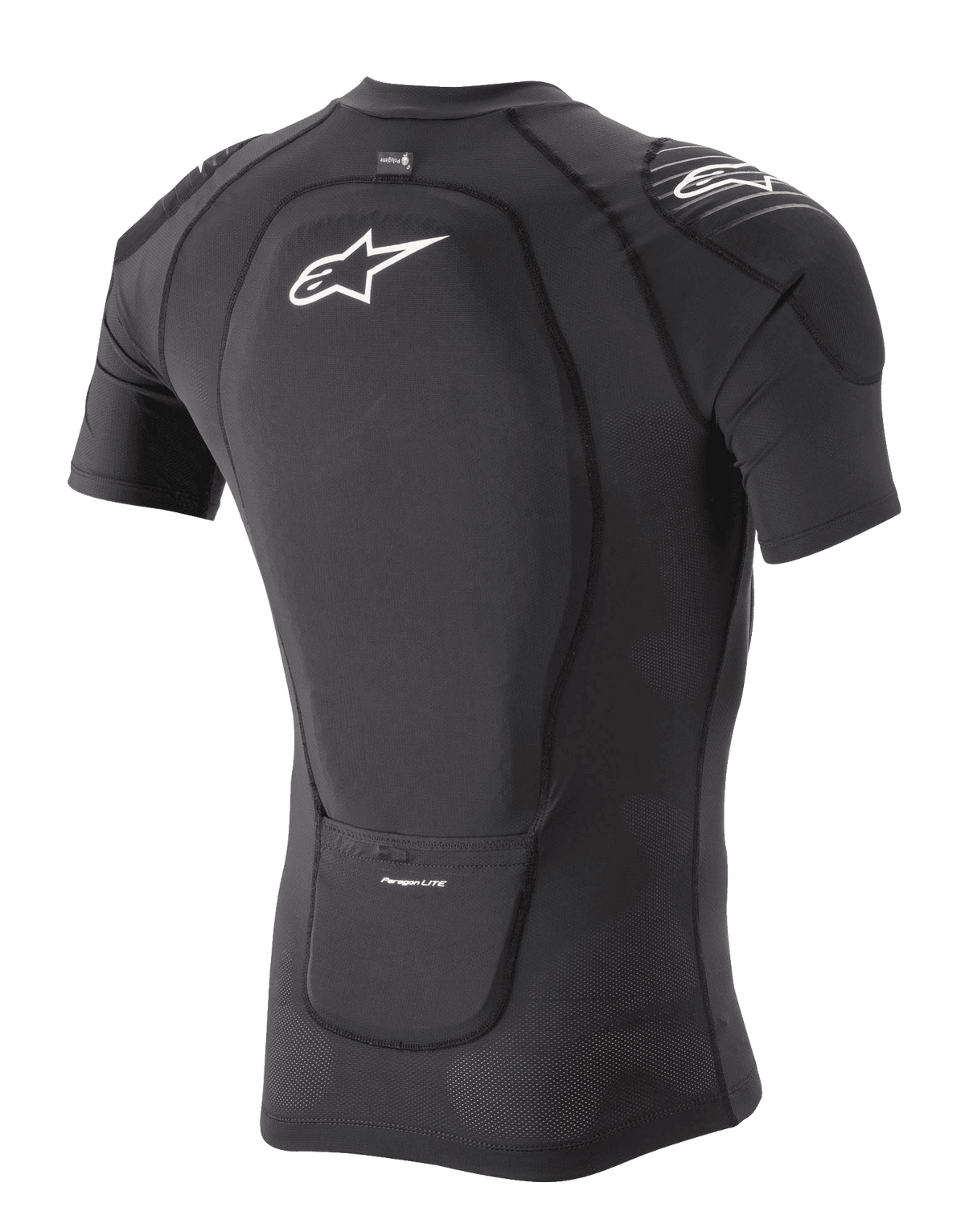 Alpinestars Paragon Lite Protection Jacket - Short Sleeve, czarna, widok z tyłu pod kątem trzech czwartych ukazujący zintegrowany ochraniacz pleców i konstrukcję z oddychającej siatki stretch, białe logo Alpinestars na plecach i ramieniu, lekka odzież ochronna na rower górski