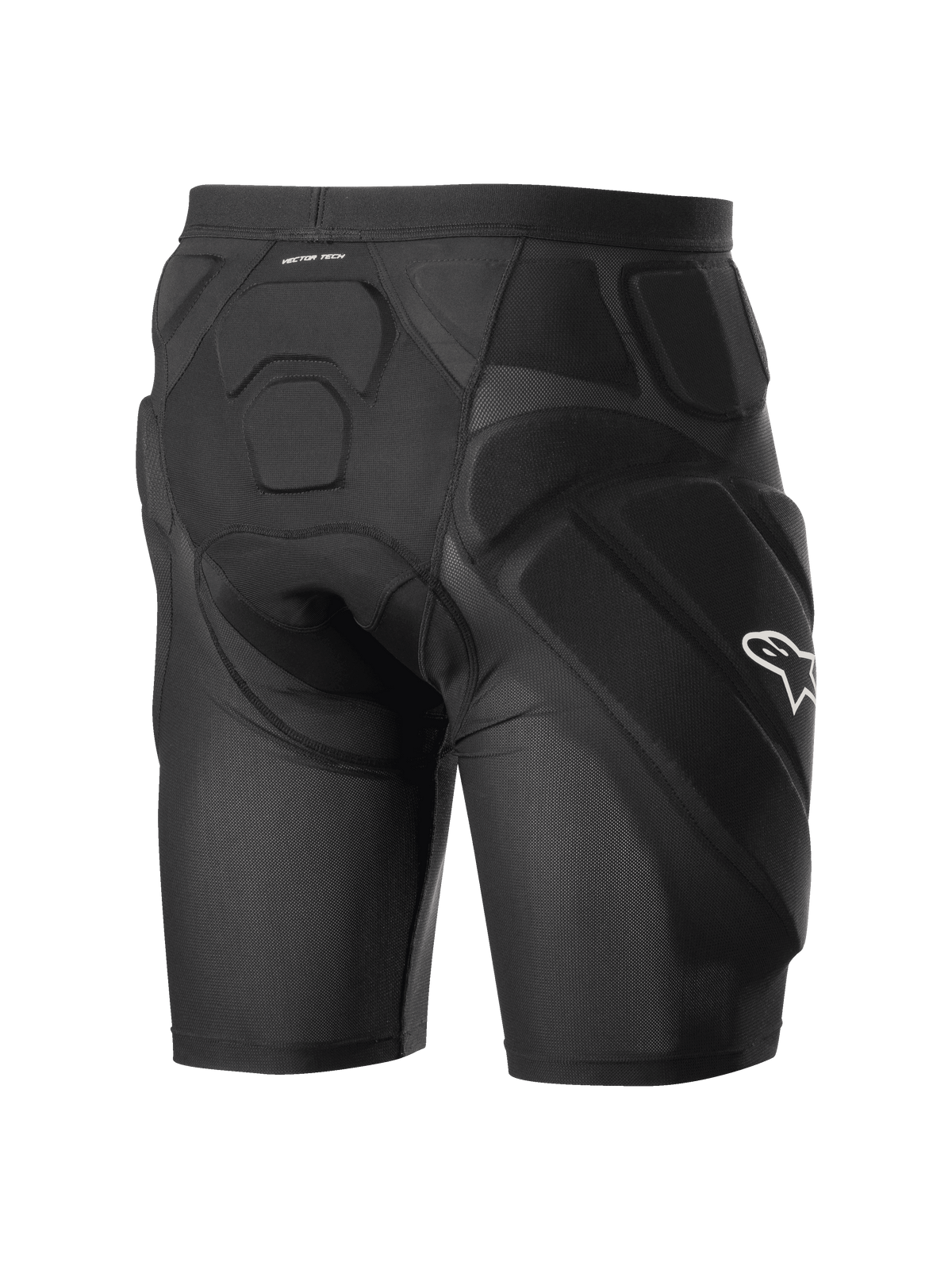 Alpinestars Vector Tech Shorts, czarne rowerowe spodenki ochronne, wyposażone w zintegrowaną wyściółkę z pianki EVA na biodrach i plecach, oddychająca konstrukcja z elastycznej siatki z białym logo Alpinestars z boku.