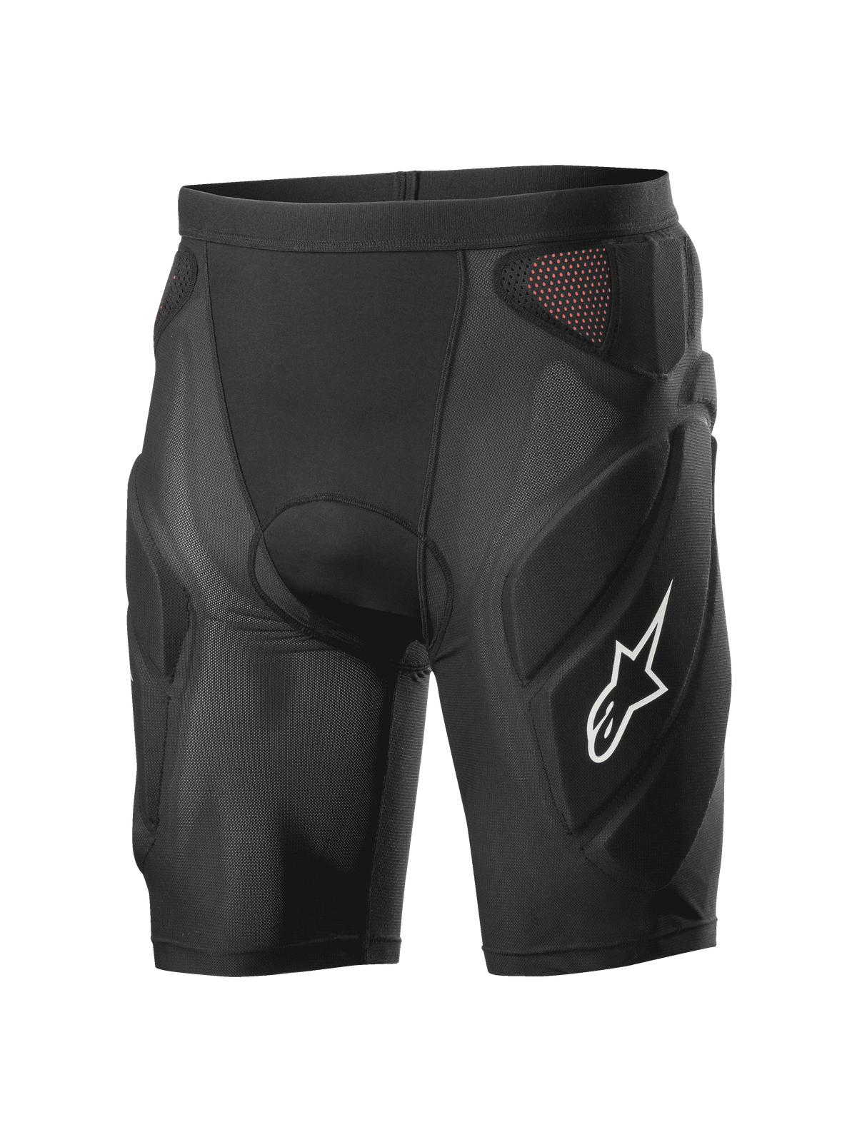 Alpinestars Vector Tech Shorts, czarne rowerowe spodenki ochronne, wyściełana konstrukcja kompresyjna z czerwonymi panelami mesh, białe logo z gwiazdą na udzie, lekka elastyczna siatka z ochroną z pianki EVA, sprzęt do jazdy MTB i downhillu