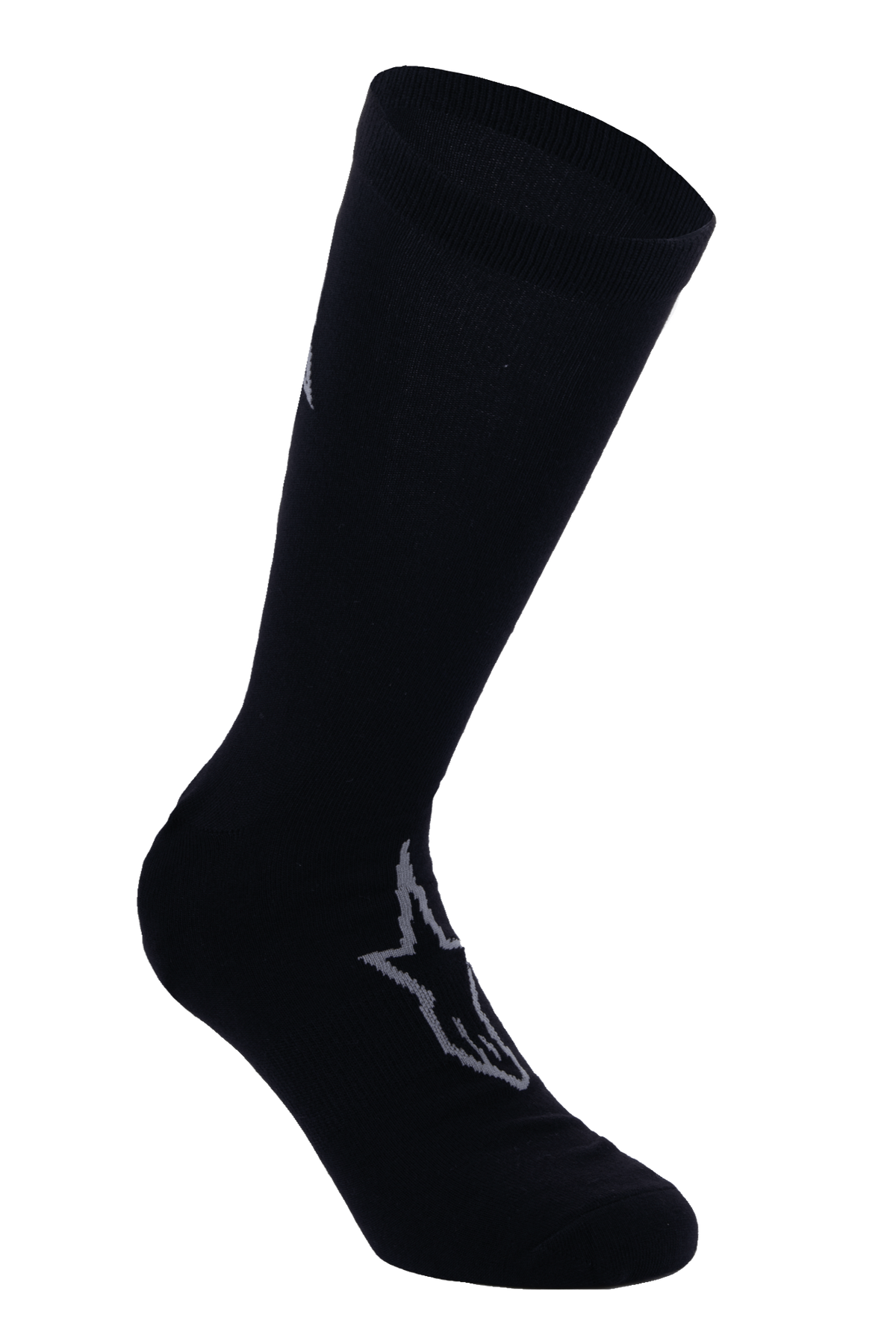 Alpinestars A-Dura Thermal Socks, Black cycling socks with gray Astars logo, mid-calf length with ribbed cuff, smooth thermal stretch fabric for winter mountain bike riding