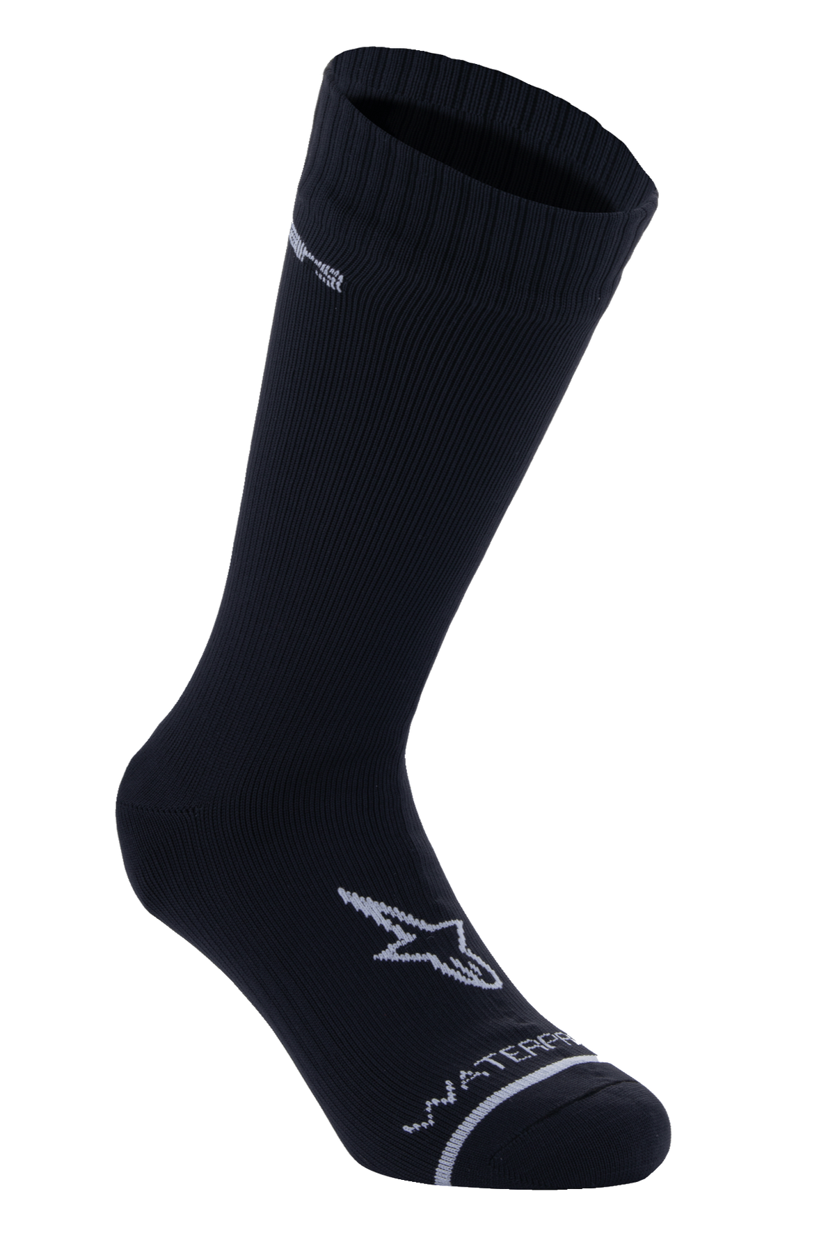Alpinestars A-Dura Waterproof Socks, czarne wodoodporne skarpety rowerowe, długość do łydki, prążkowana tekstura na mankiecie, białe logo A-star na stopie, napis „Waterproof” na palcach, techniczna warstwa bazowa MTB