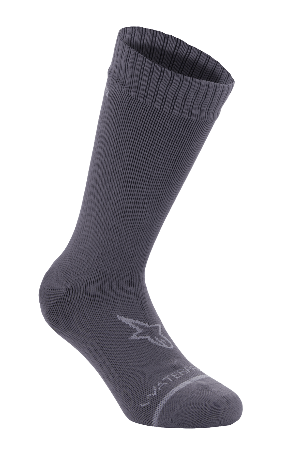 Alpinestars A-Dura Waterproof Socks, wodoodporne skarpety rowerowe w kolorze Dark Titanium Gray, długość do połowy łydki, żebrowana tekstura, jasnoszare logo gwiazdy na kostce i napis „WATERPROOF” przy palcach, profesjonalna odzież do kolarstwa górskiego i jazdy terenowej