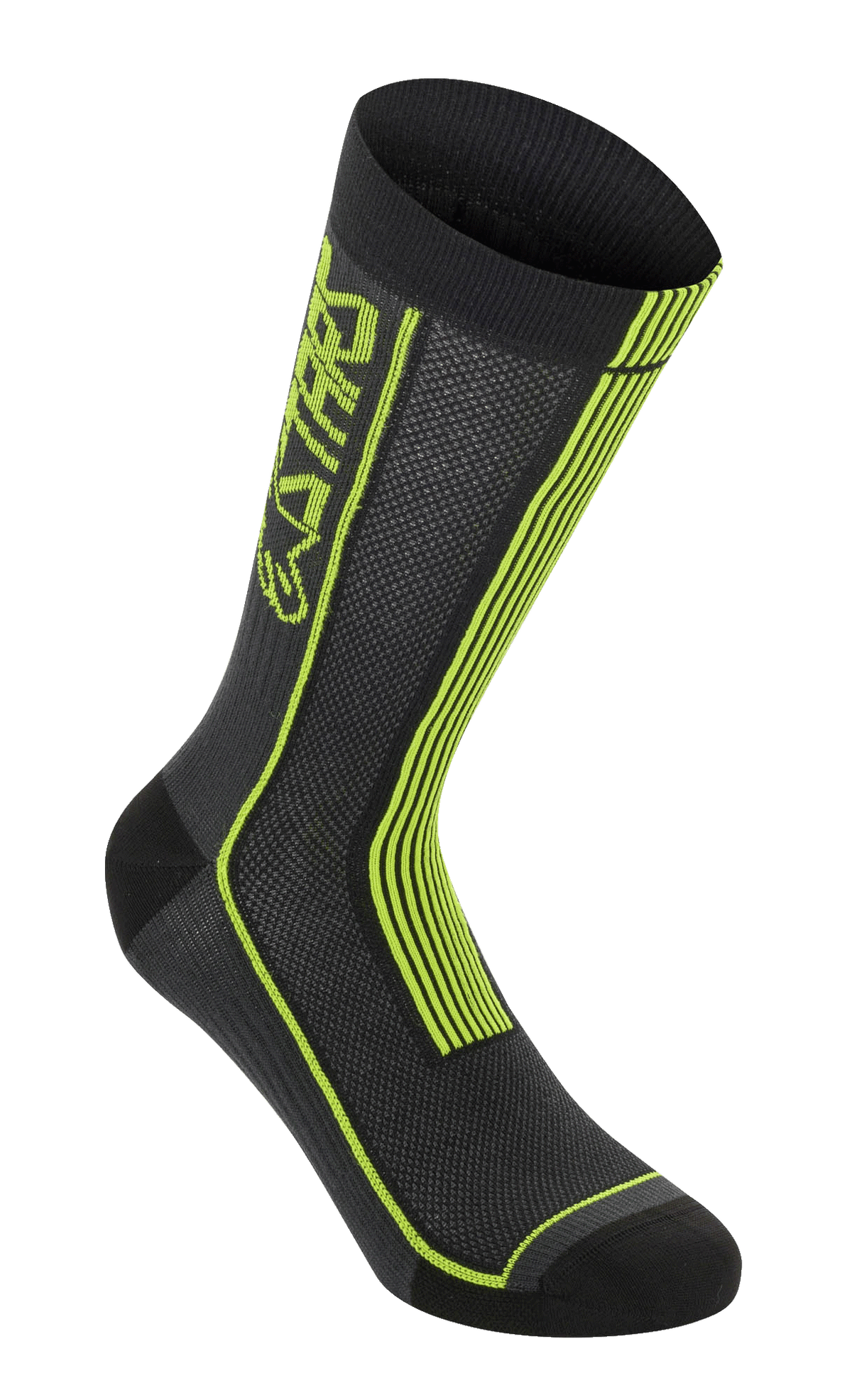 Alpinestars Summer Socks, skarpety rowerowe, czarne z jaskrawożółtymi (Acid Yellow) elementami, z pionowymi neonowożółtymi paskami i brandingiem ASTARS, oddychająca konstrukcja z siateczki z prążkowanym ściągaczem, wzmocnione palce i pięta, lekka odzież wyczynowa do kolarstwa górskiego.