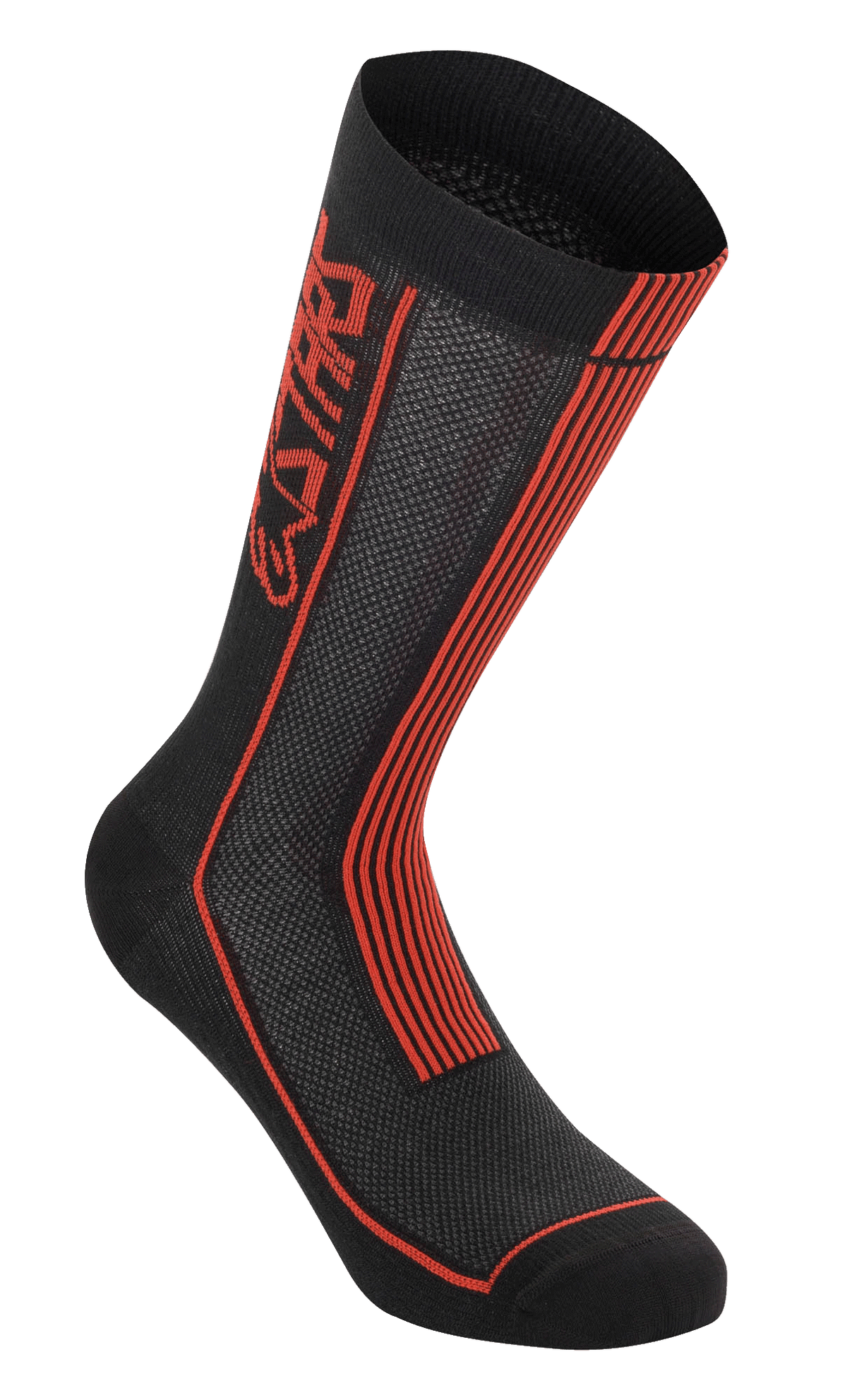 Alpinestars Summer Socks, skarpety rowerowe, czarne z jaskrawoczerwonymi elementami, pionowe logo Astars i czerwone paski, dzianinowa siatka dla optymalnego przepływu powietrza, żebrowana konstrukcja zapewniająca elastyczność, profesjonalne skarpety na upalne dni