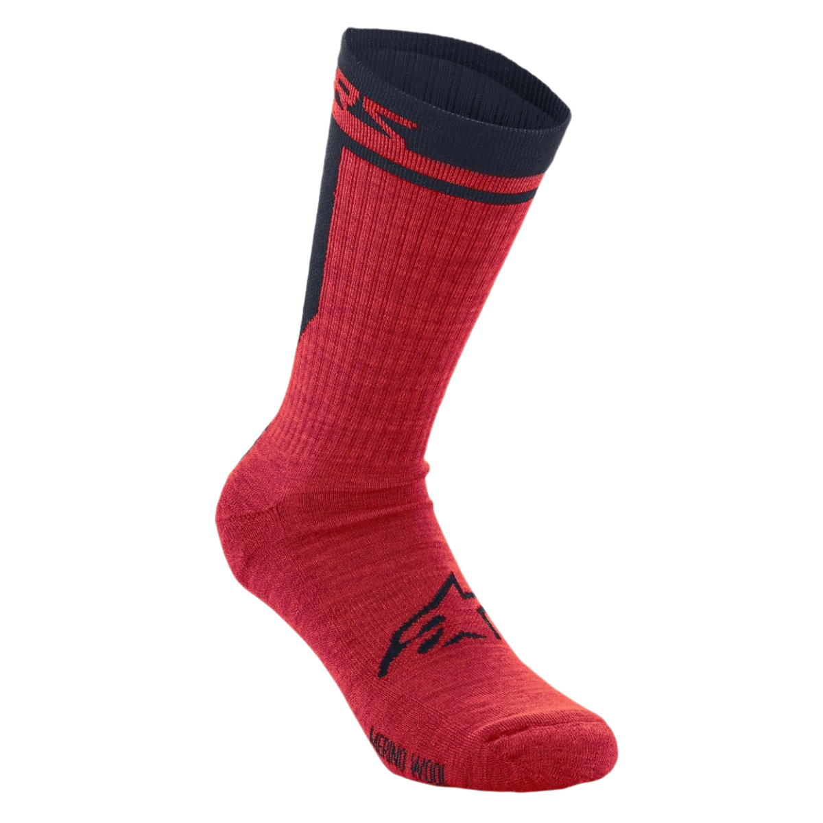 Alpinestars Merino Socks 24, skarpety rowerowe, czerwono-czarne, jednowarstwowa konstrukcja z wełny merynosów, czarne logo Alpinestars na stopie, czarny ściągacz z czerwonym brandingiem