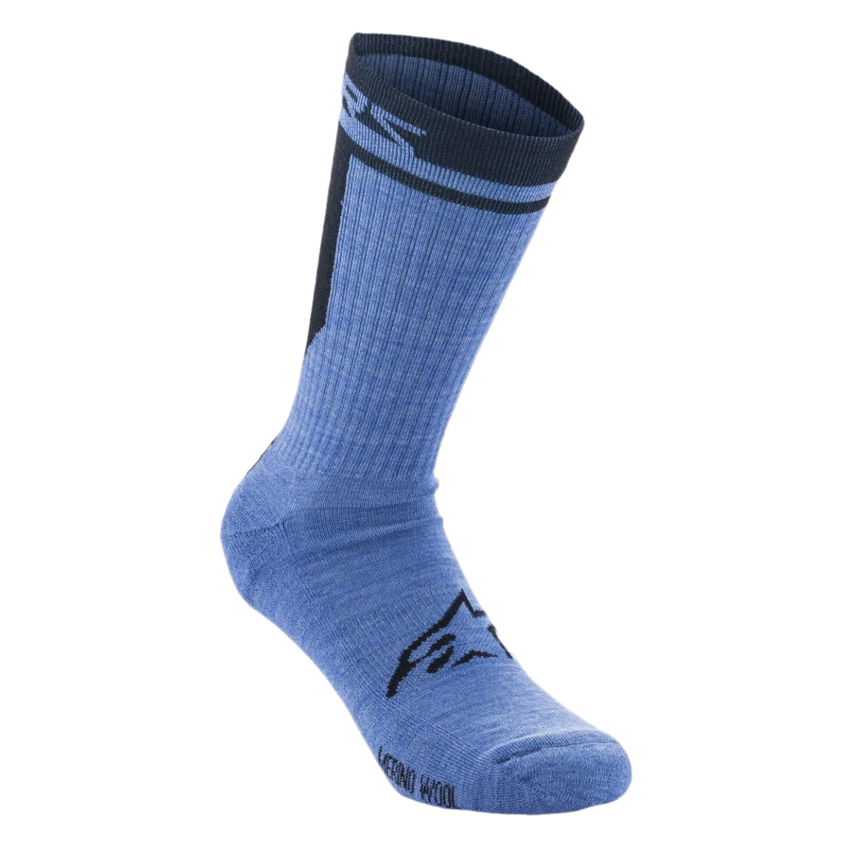 Alpinestars Merino Socks 24, skarpety rowerowe, niebiesko-czarne, techniczna konstrukcja z wełny merynosowej z czarnym logo Alpinestars na podbiciu, długość do połowy łydki z ciemnym prążkowanym ściągaczem i oznaczeniem marki