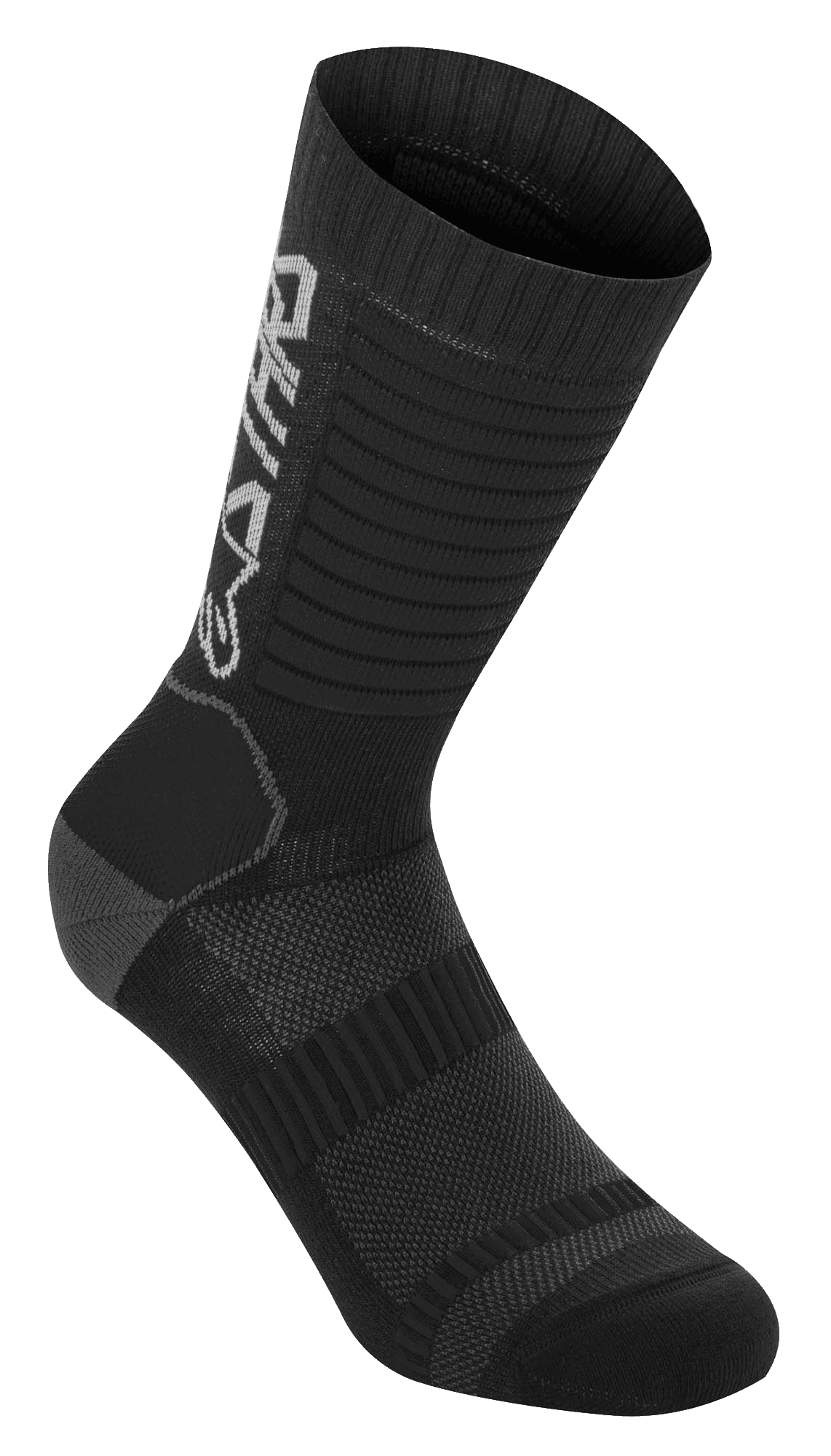 Alpinestars Paragon Lite Socks 19, skarpety rowerowe MTB, czarne, techniczna konstrukcja z siateczki, pionowe logo Alpinestars, żebrowana tekstura, wzmocniona pięta i palce, lekki i oddychający materiał