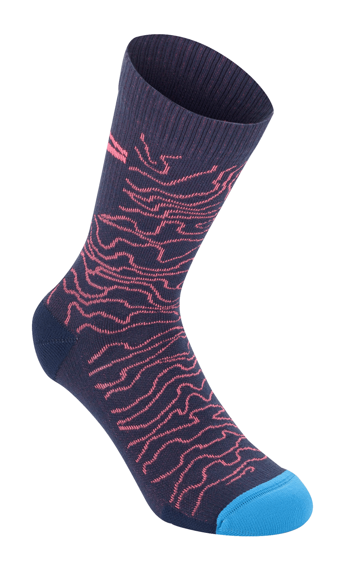 Alpinestars Drop Socks 15, wyczynowe skarpety rowerowe do połowy łydki, granatowe z koralowym falistym wzorem i jasnoniebieskimi palcami, prążkowana tekstura u góry