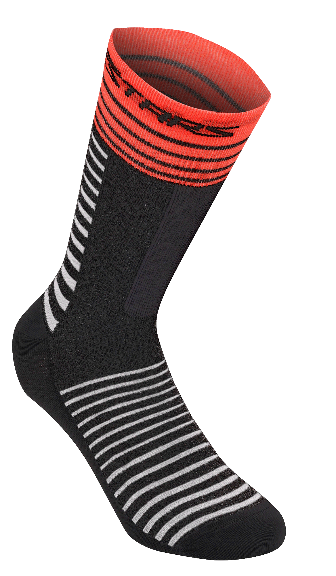 Alpinestars Drop Socks 19, skarpety rowerowe MTB, czarne z białymi poziomymi paskami, jaskrawoczerwony prążkowany ściągacz z czarnym logo, lekka konstrukcja z siateczki, długość 19 cm