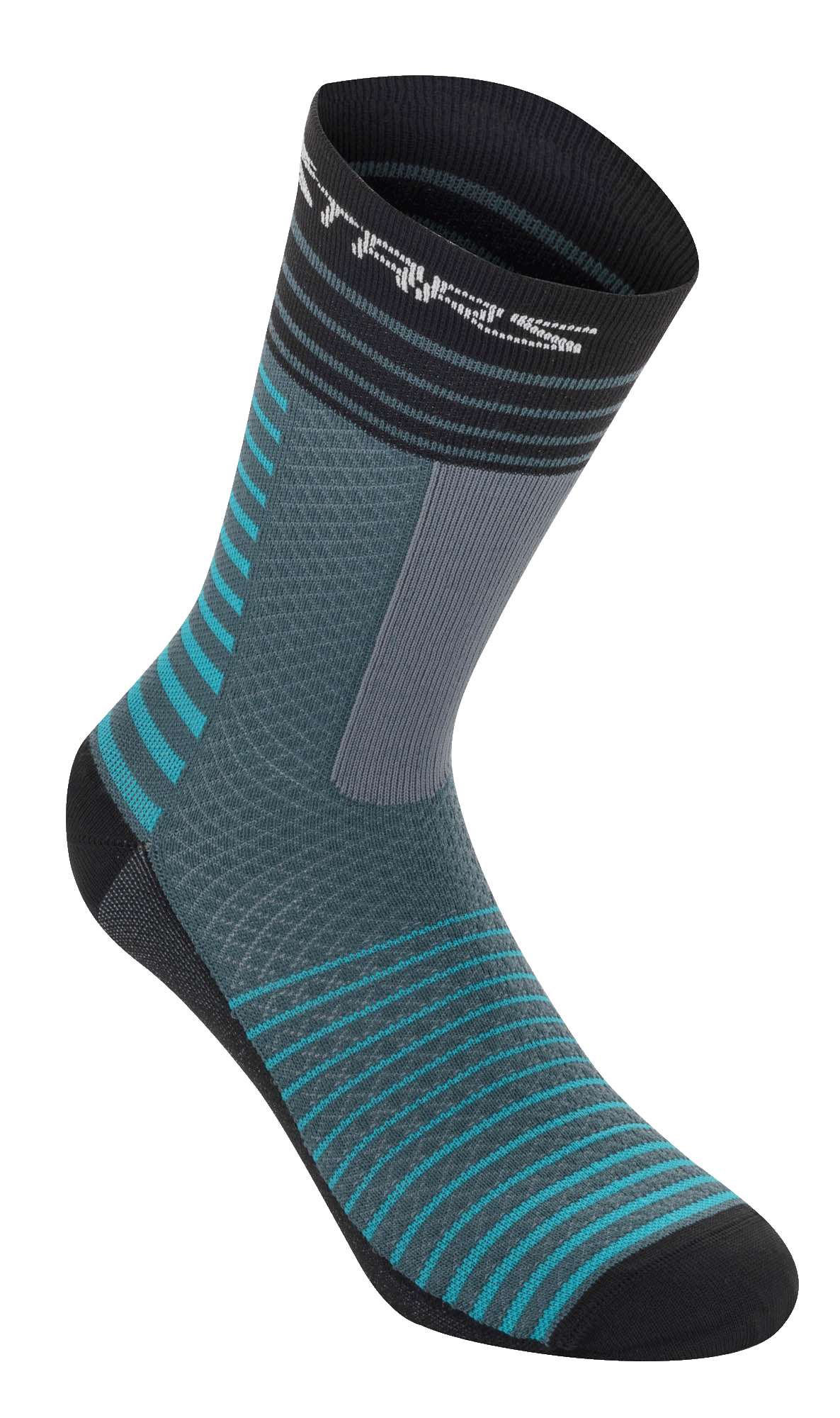 Alpinestars Drop Socks 19, skarpety rowerowe, kolory Atlantic Ceramic i szary, wzór w poziome turkusowe i czarne paski, oddychająca konstrukcja z siatki, długość do połowy łydki, profesjonalna odzież do kolarstwa górskiego