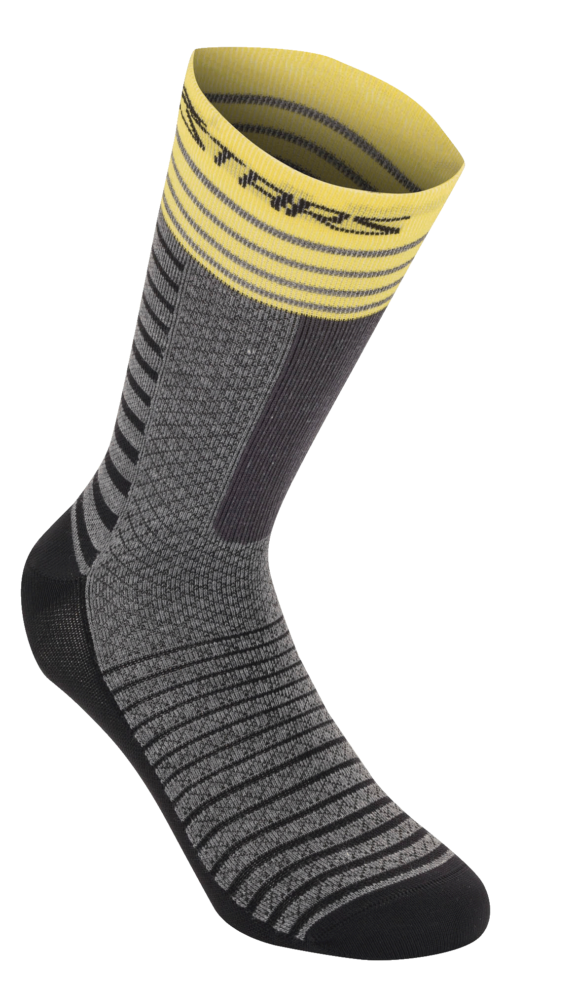 Alpinestars Drop Socks 19, skarpety rowerowe, szaro-żółte, żółty prążkowany ściągacz w paski, szary teksturowany korpus z czarnymi poziomymi wzorami, czarna wzmocniona pięta i palce, oddychający sprzęt MTB