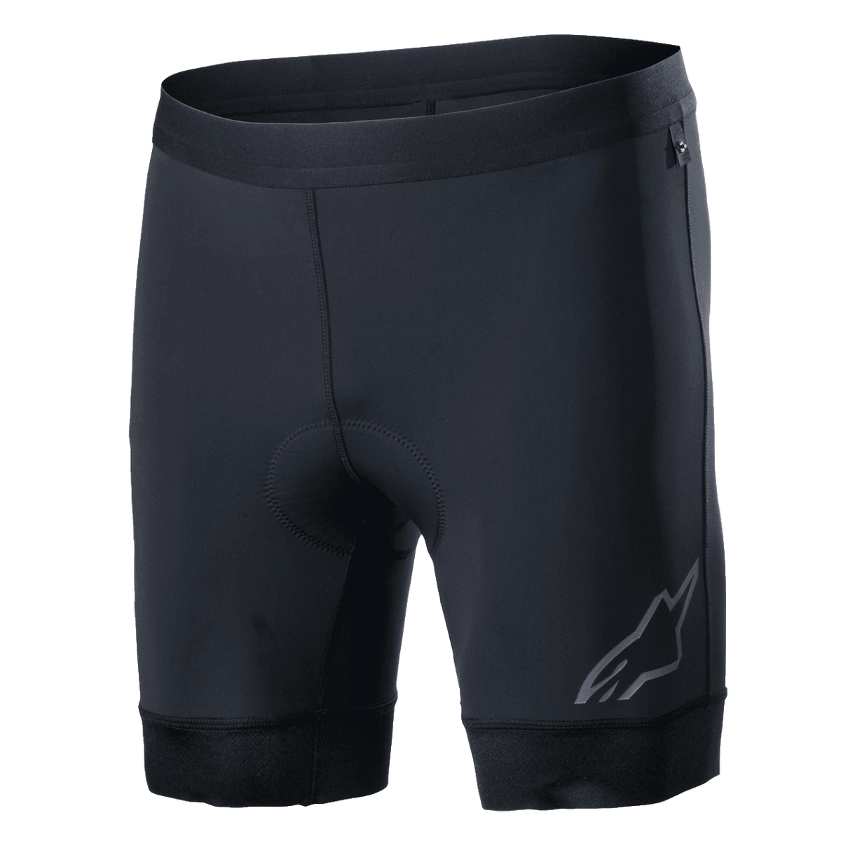 Alpinestars Alps Inner Shorts, czarne wewnętrzne spodenki kolarskie ze zintegrowaną wyściełaną wkładką, elastyczny pas, odblaskowe logo Astars na dole lewej nogawki, rozciągliwy materiał syntetyczny zapewniający wydajność i odprowadzanie wilgoci