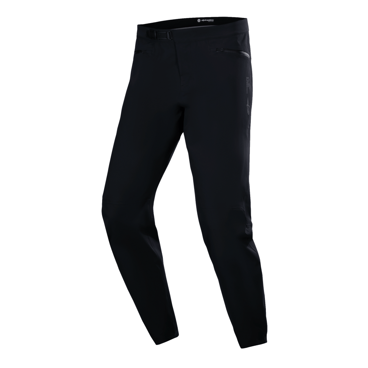 Alpinestars A-Dura Waterproof Pants, MTB Cycling Pants, Black, technical slim-fit design with side zippered pockets and ratchet waist buckle, smooth waterproof fabric, minimalist performance gear for mountain biking