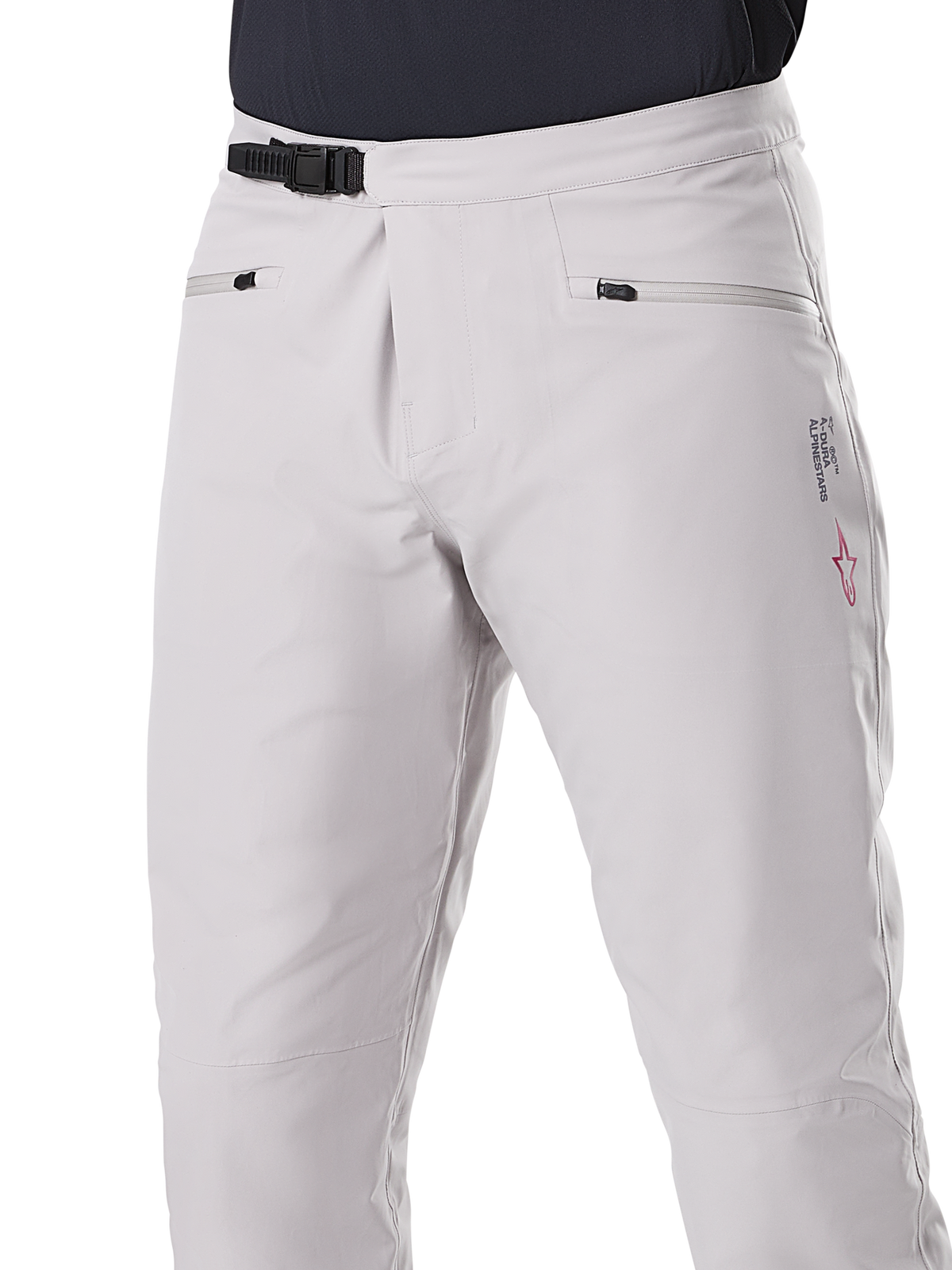 Alpinestars A-Dura Waterproof Pants, MTB Pants, Titanium gray, front view showing black ratchet waist closure and zippered hand pockets, durable waterproof construction for mountain biking