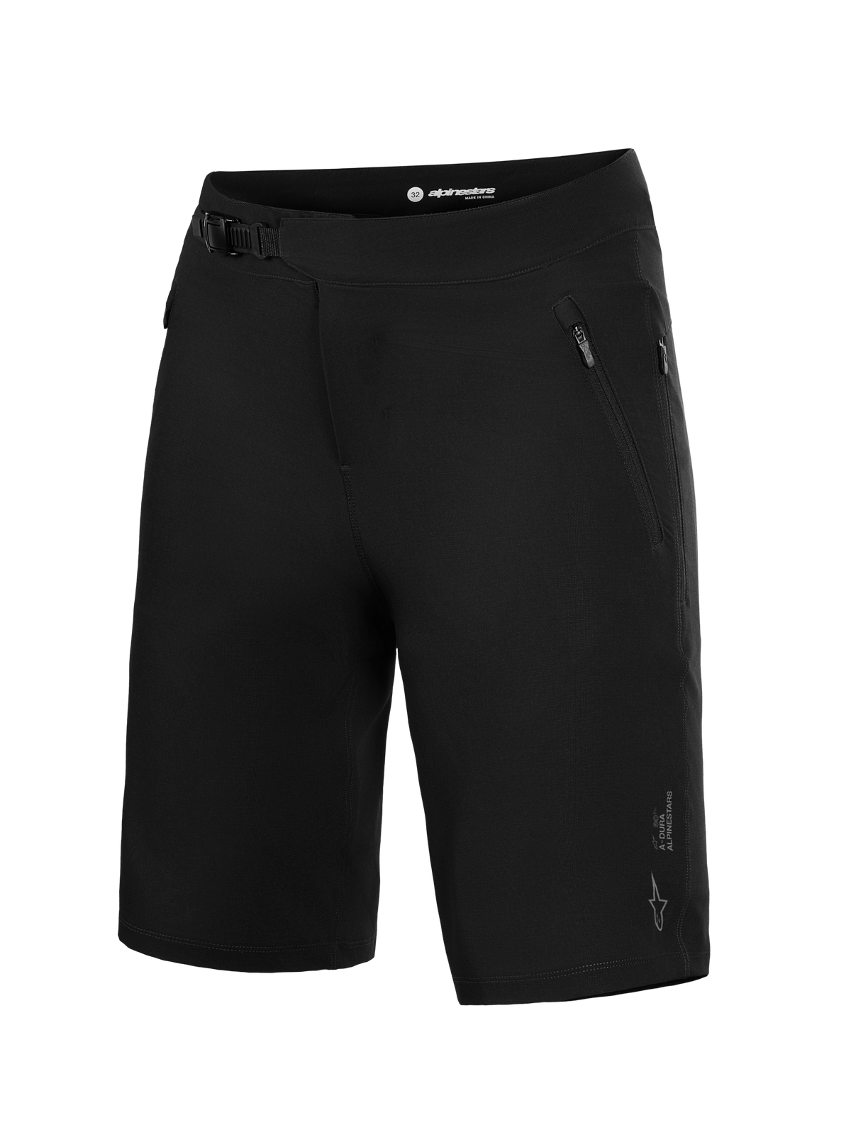 Black Alpinestars A-Dura Ride MTB Shorts, featuring a ratchet waist closure and zippered pockets for trail performance.