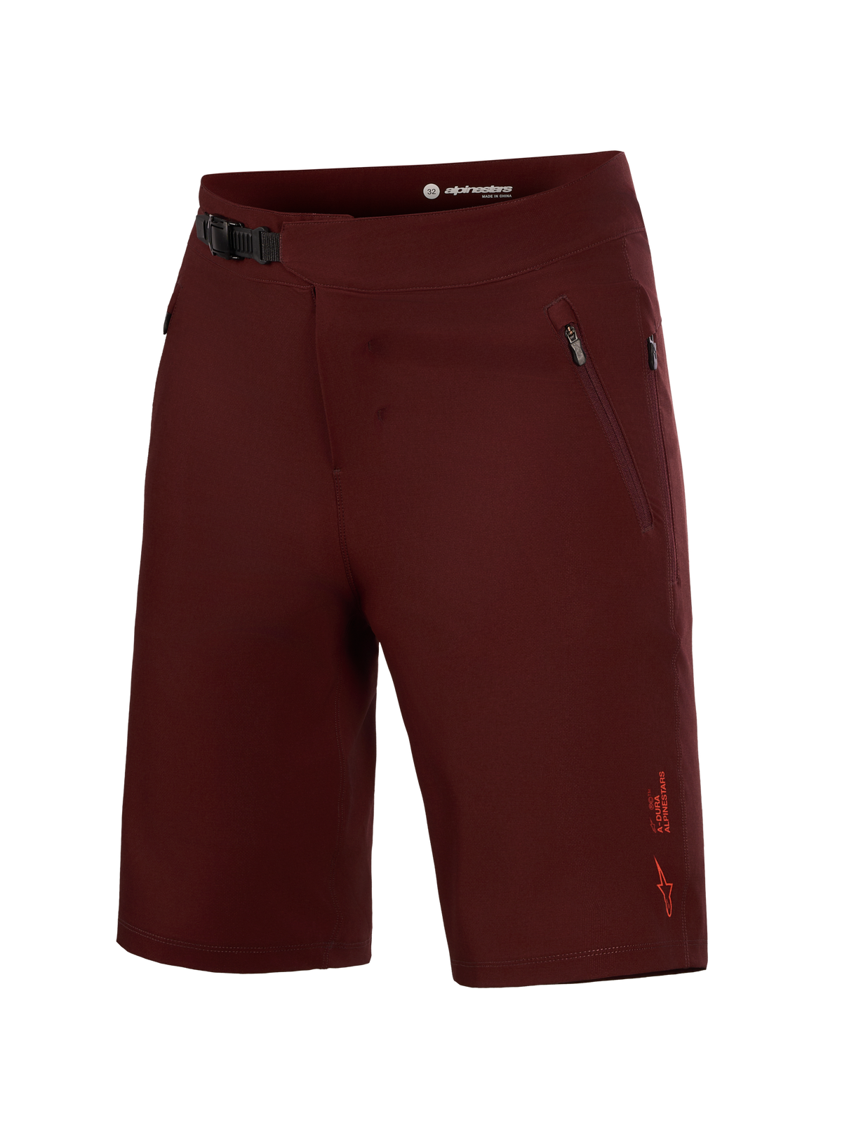 Bordowe szorty Alpinestars A-Dura Ride Liner, odzież MTB 4-way stretch z zapięciem zapadkowym i kieszeniami na suwak.