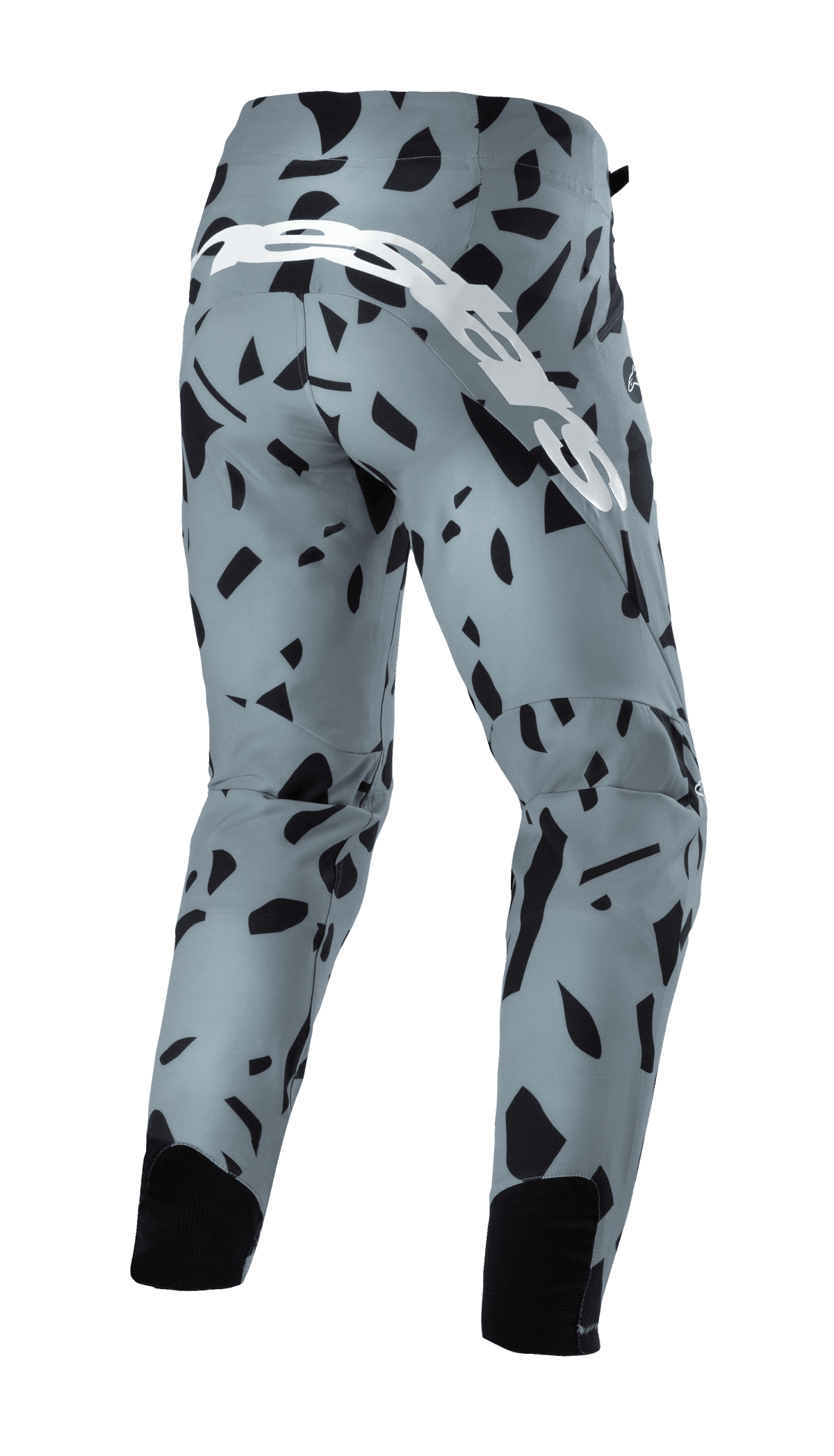 Spodnie Alpinestars Techstar Envision, spodnie rowerowe MTB, jasnoniebieskie z czarnym abstrakcyjnym wzorem geometrycznym, widok z tyłu z dużym białym pisanym logo i czarnymi panelami z siatki na łydkach, wytrzymała odzież do jazdy terenowej