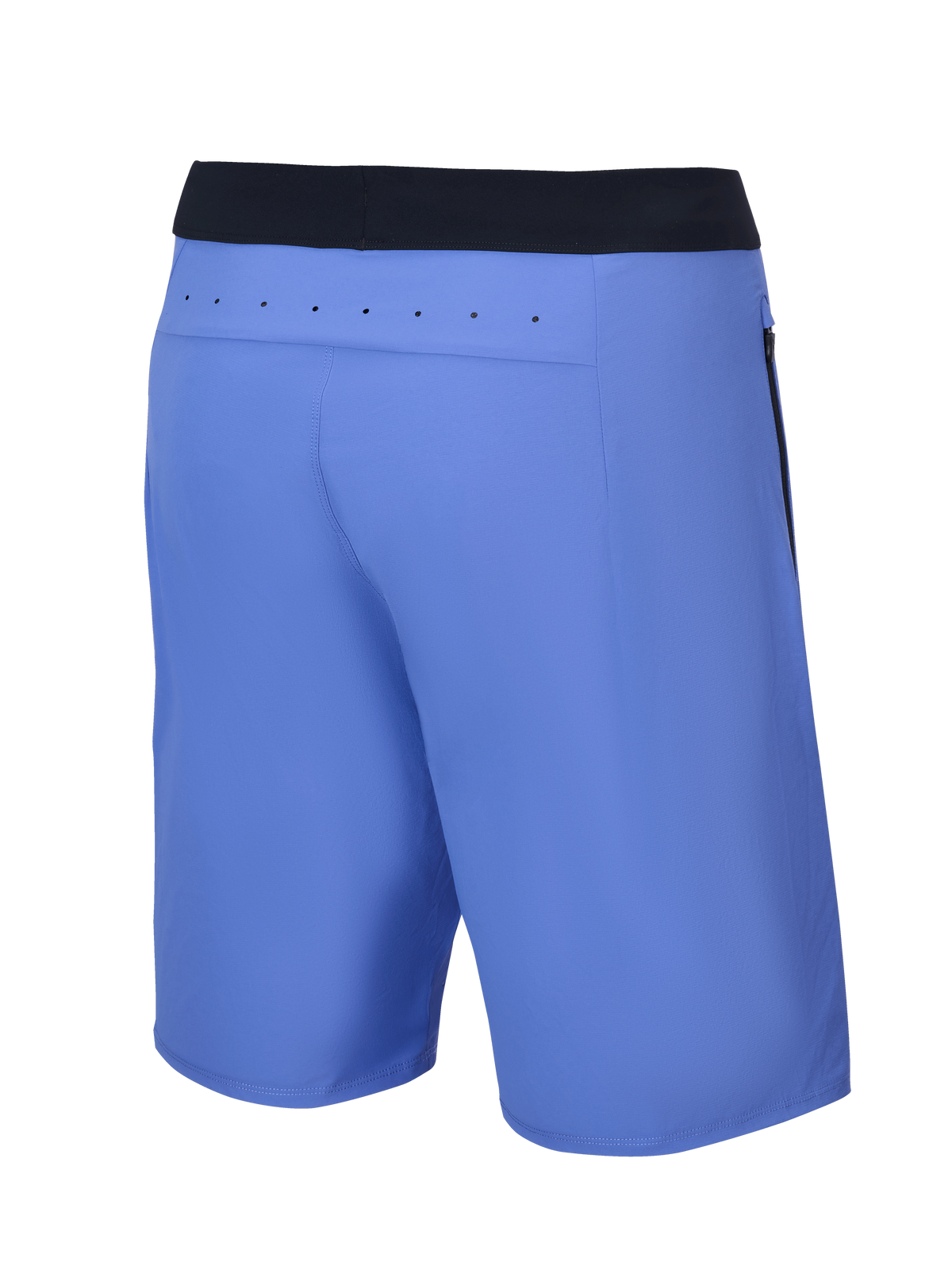 Szorty Alpinestars A-Aria Lite, spodenki rowerowe MTB, kolor Baja Blue, widok z tyłu z czarnym pasem i laserowo wyciętymi otworami wentylacyjnymi na tylnym karczku, sportowy krój do jazdy na szlaku