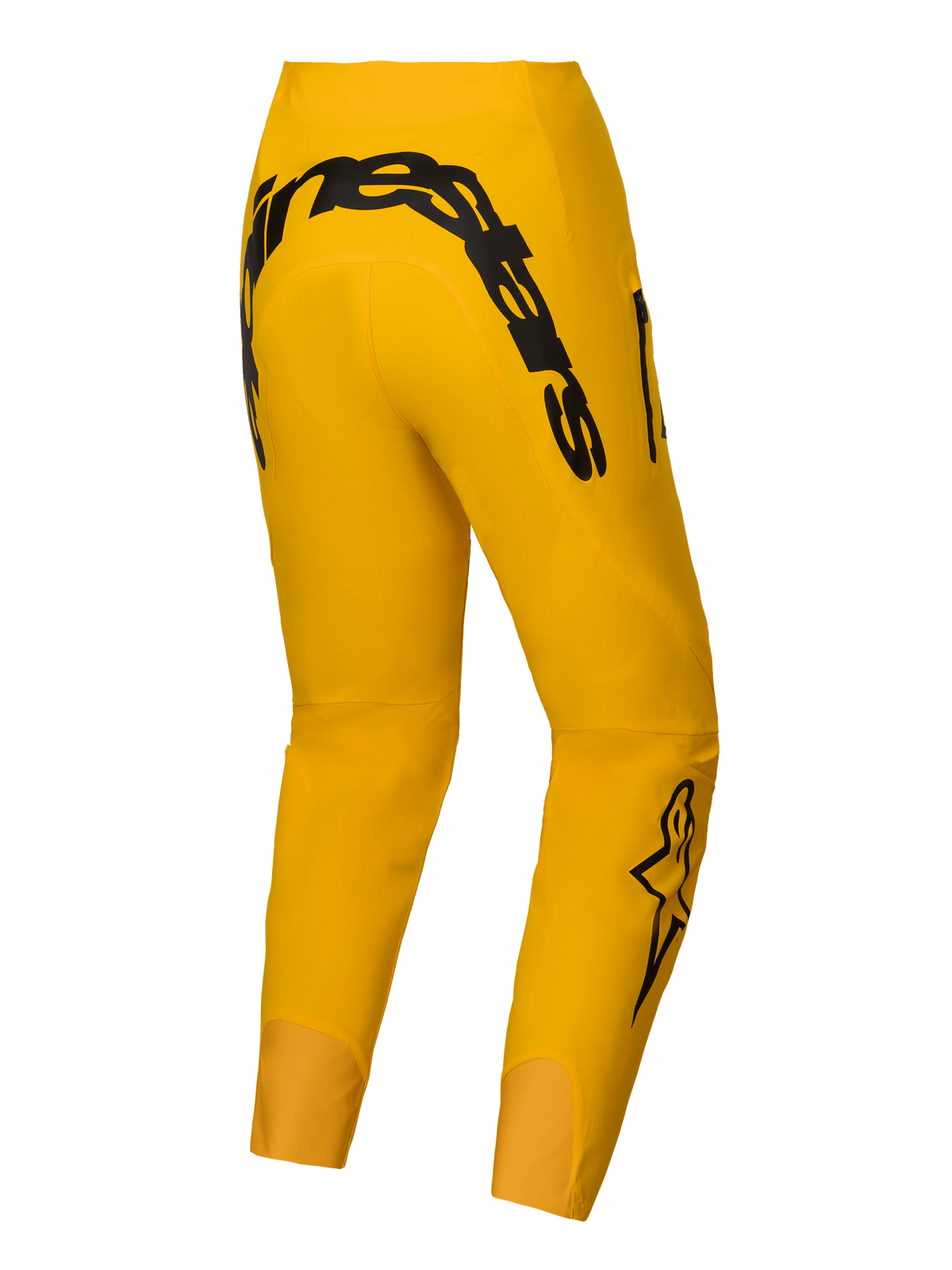 Alpinestars A-Supra Melt Gold, męskie spodnie rowerowe MTB, edycja limitowana, żółte, z czarnym napisem Alpinestars na tylnym karczku i 4-kierunkowym materiałem stretch