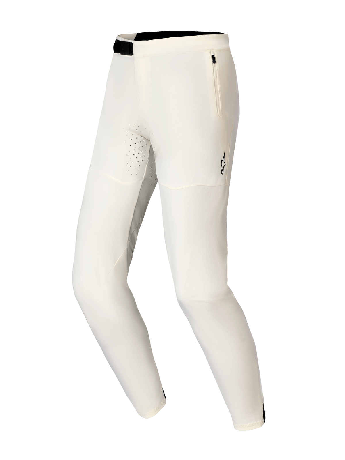 Alpinestars A-Aria Elite Pants, spodnie rowerowe MTB, ecru, z czarnym magnetycznym zapięciem na klamrę, boczną kieszenią na zamek i laserowo wycinanymi otworami wentylacyjnymi, wyczynowy design do jazdy w terenie