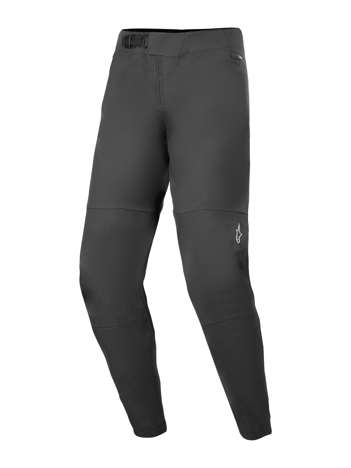 Alpinestars A-Dura Elite Pants, Mountain Bike Pants, Black, featuring a front ratchet closure system, zippered mesh-lined pockets, and elasticated cuffs, small white Alpinestars logo on the left leg, durable Cordura fabric design for off-road cycling.
