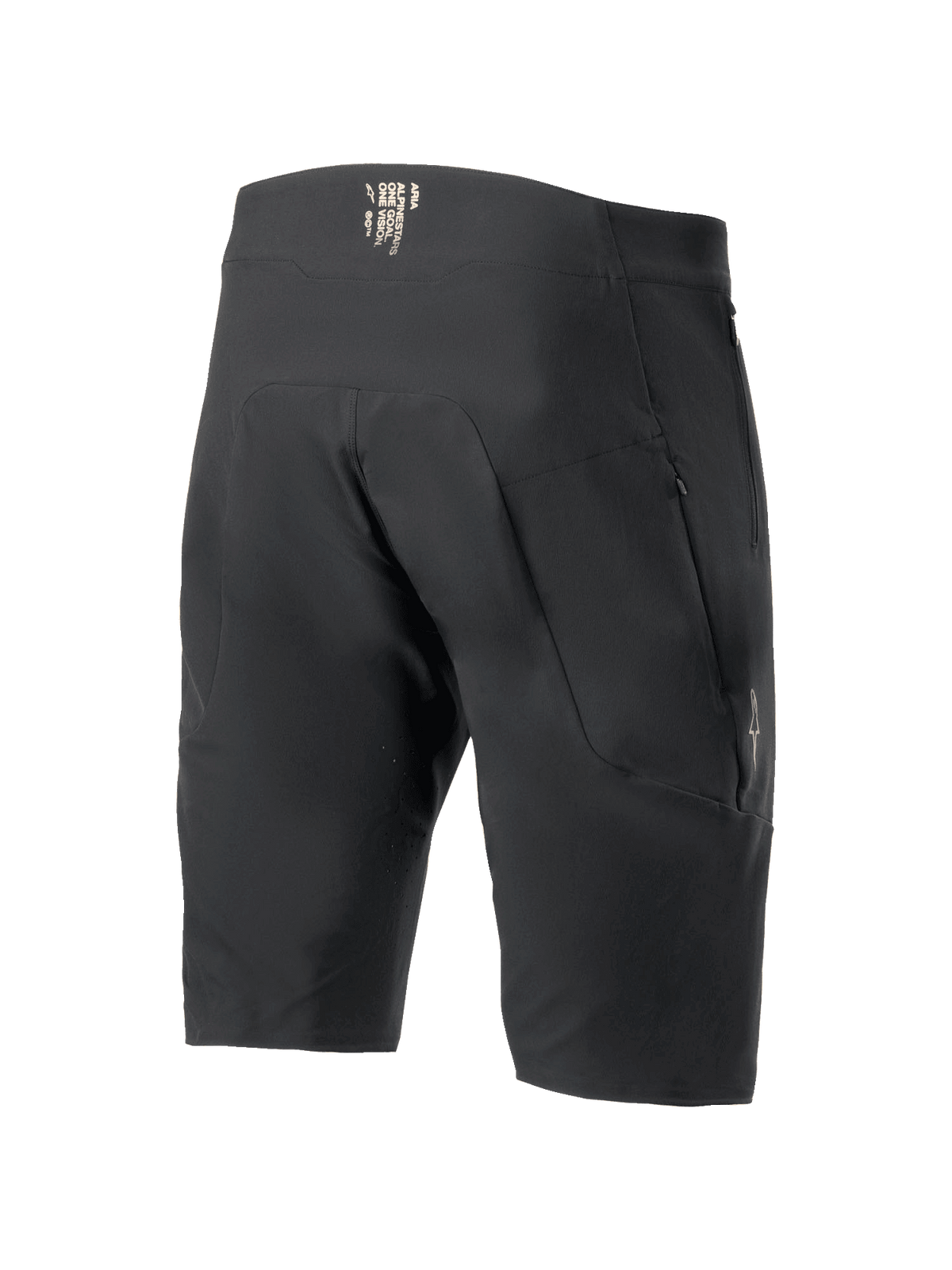 Alpinestars A-Aria Elite Shorts, spodenki rowerowe MTB, czarne, widok z tyłu prezentujący kieszenie na zamek i branding na pasku, techniczny krój sportowy do jazdy w terenie