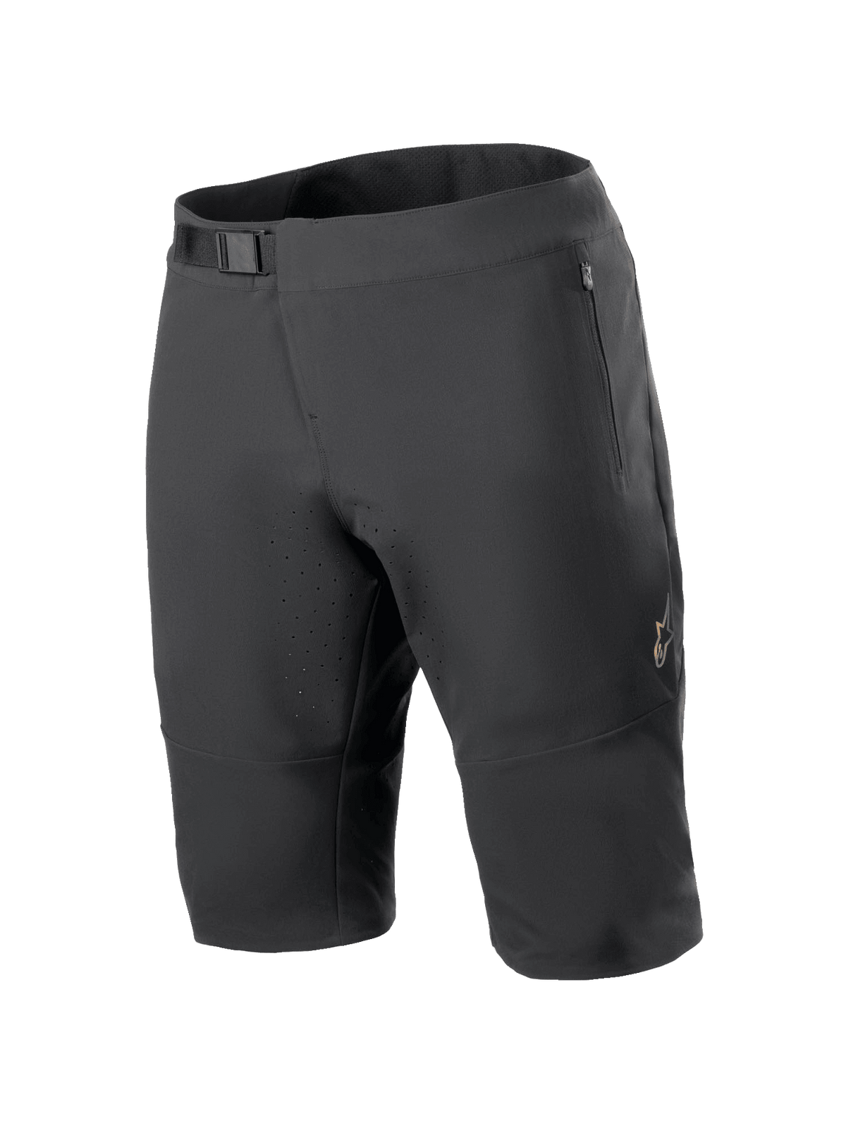 Alpinestars A-Aria Elite Shorts, spodenki rowerowe MTB, czarne, z magnetycznym zapięciem w pasie, kieszeniami na zamek, laserowo wycinanymi otworami wentylacyjnymi i materiałem 4-way stretch do jazdy w terenie