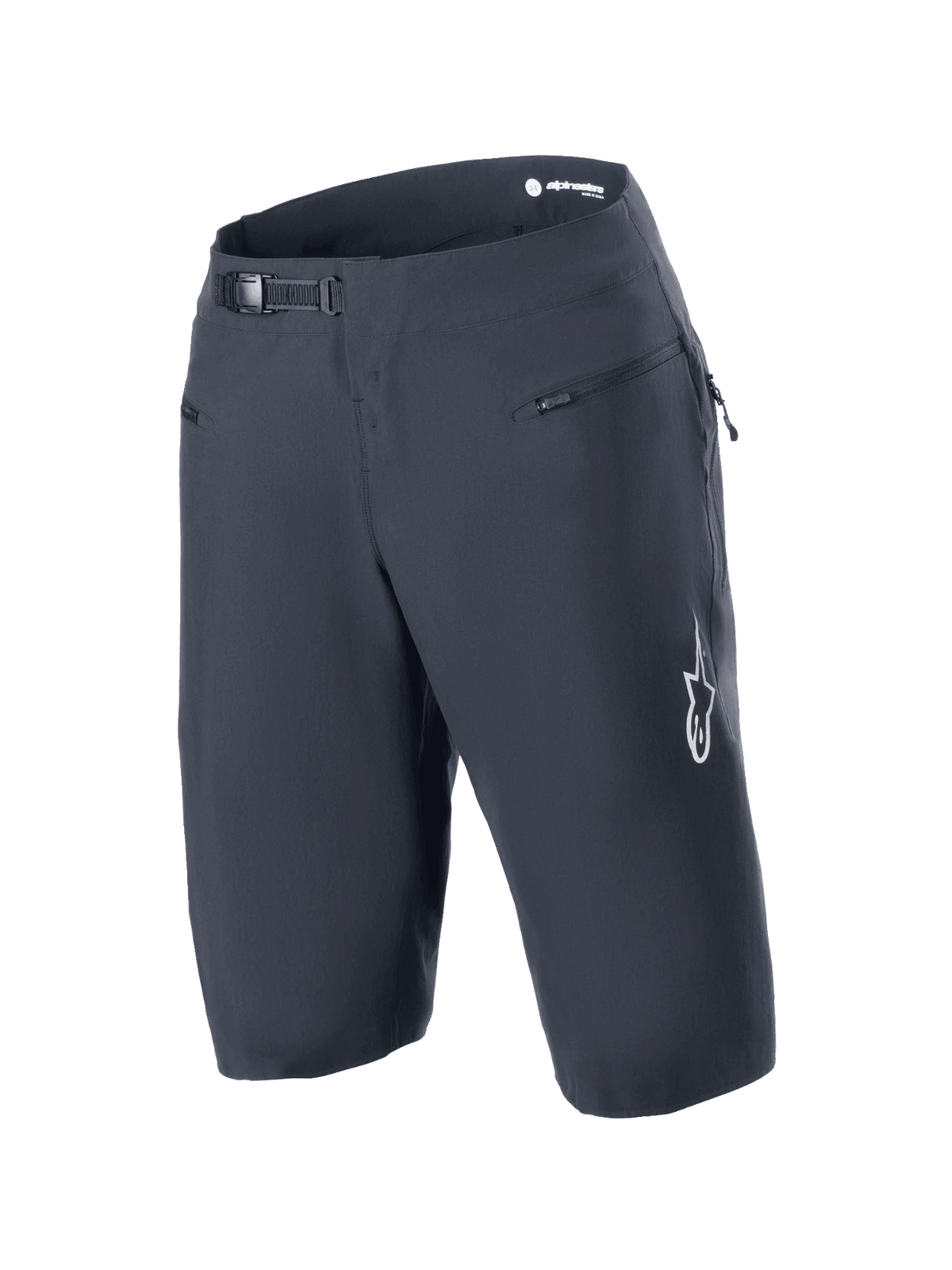 Alpinestars A-Aria Shorts, czarne, spodenki MTB wyposażone w system zapięcia na zapadkę w pasie oraz przednie kieszenie na zamek, białe logo Astars na nogawce, techniczna odzież rowerowa