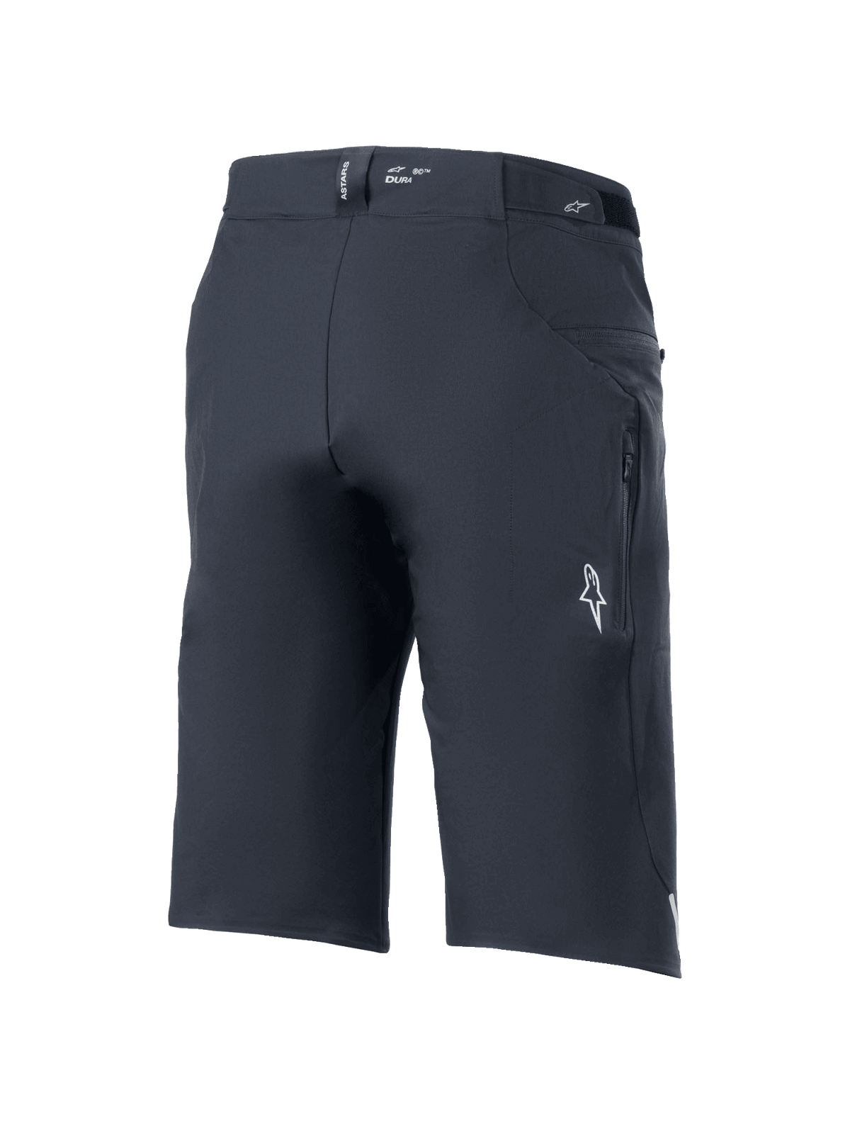 Alpinestars A-Dura Elite Shorts, spodenki rowerowe MTB, czarne, widok z tyłu z boku, boczna kieszeń zapinana na zamek, białe logo Astars i oznaczenie „DURA” na pasku, wytrzymały materiał Cordura rozciągliwy w 4 kierunkach do jazdy w terenie