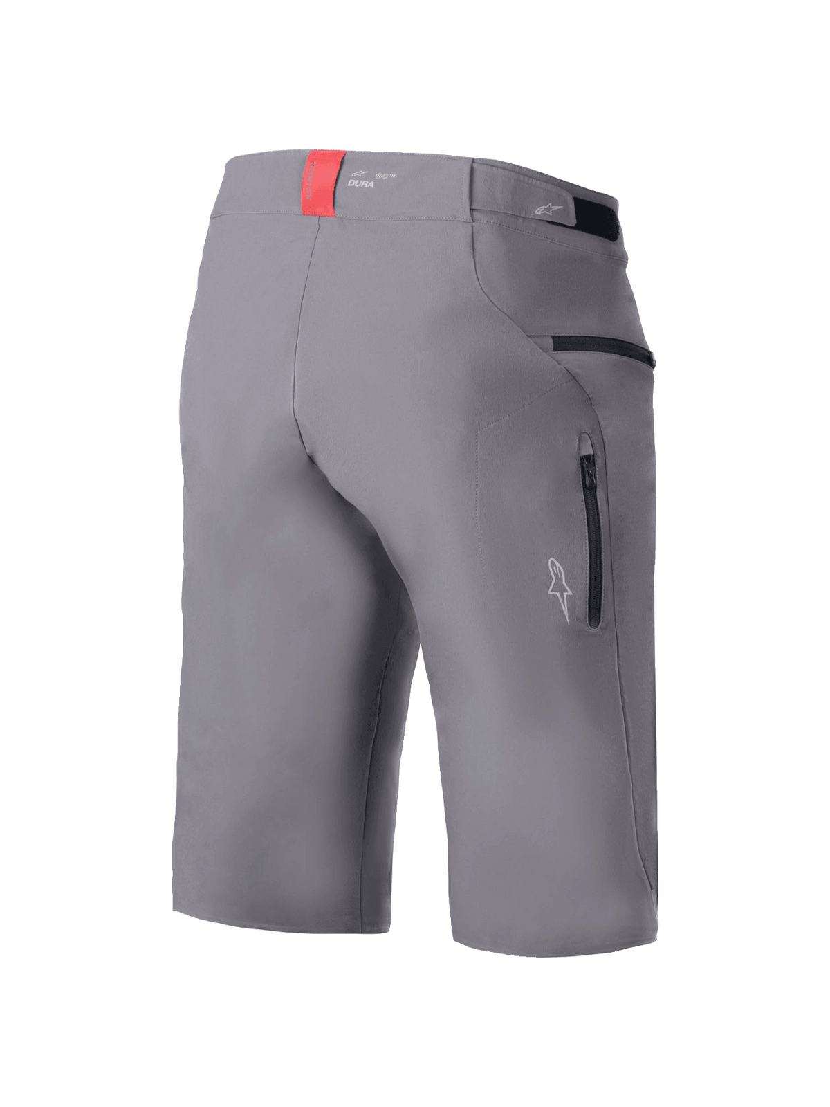 Alpinestars A-Dura Elite Shorts, spodenki rowerowe MTB, ciemnoszare, widok trzy czwarte od tyłu ukazujący boczne kieszenie na zamek, regulację w pasie na rzepy i czerwony akcent na pasku, wytrzymały materiał Cordura rozciągliwy w 4 kierunkach, regularny krój do jazdy na rowerze górskim