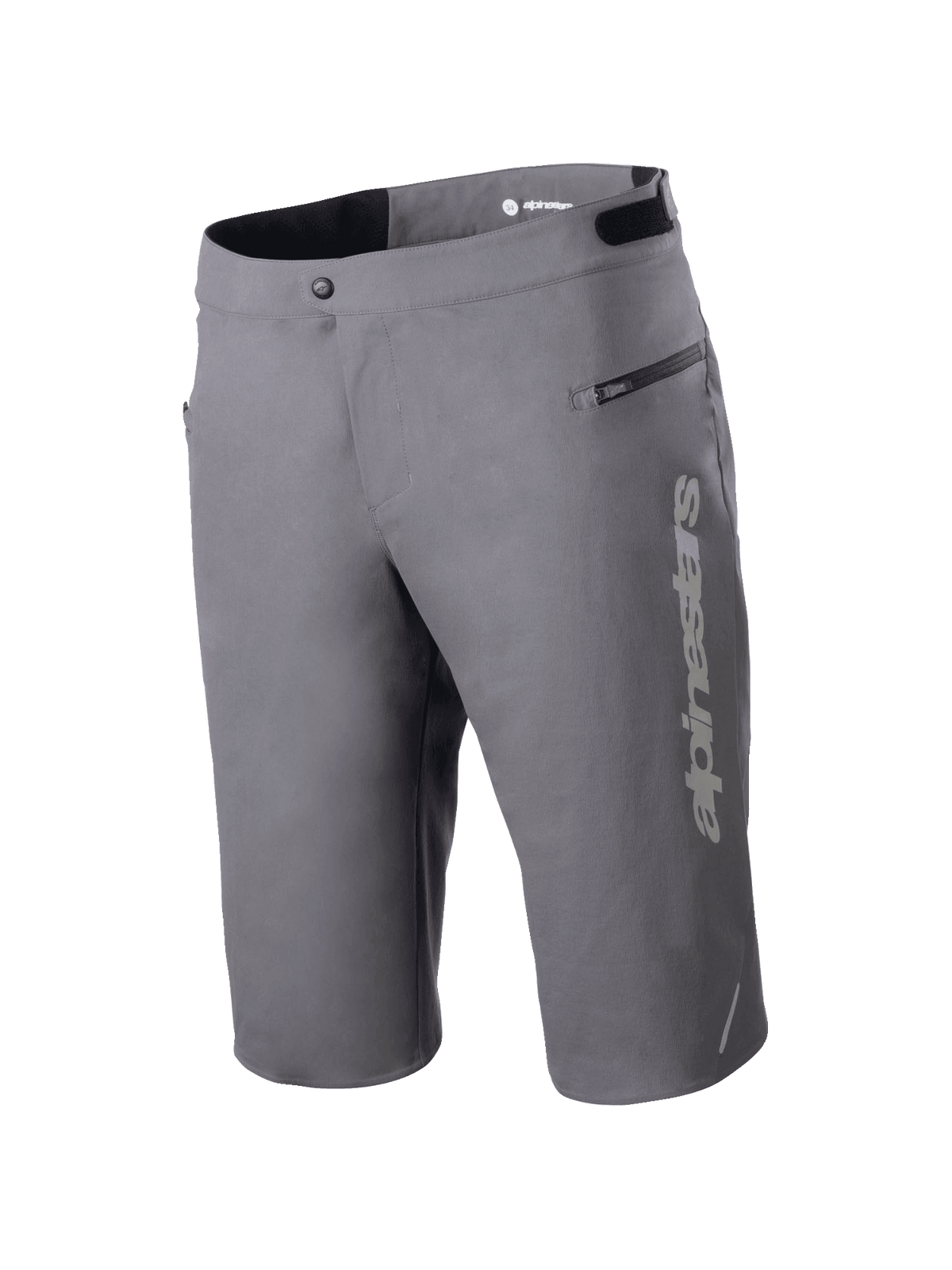 Spodenki Alpinestars A-Dura Elite, spodenki MTB, ciemnoszare, z pionowym logo Alpinestars na nogawce, boczną kieszenią na zamek, zapięciem na napy i regulacją w pasie, do jazdy w terenie.