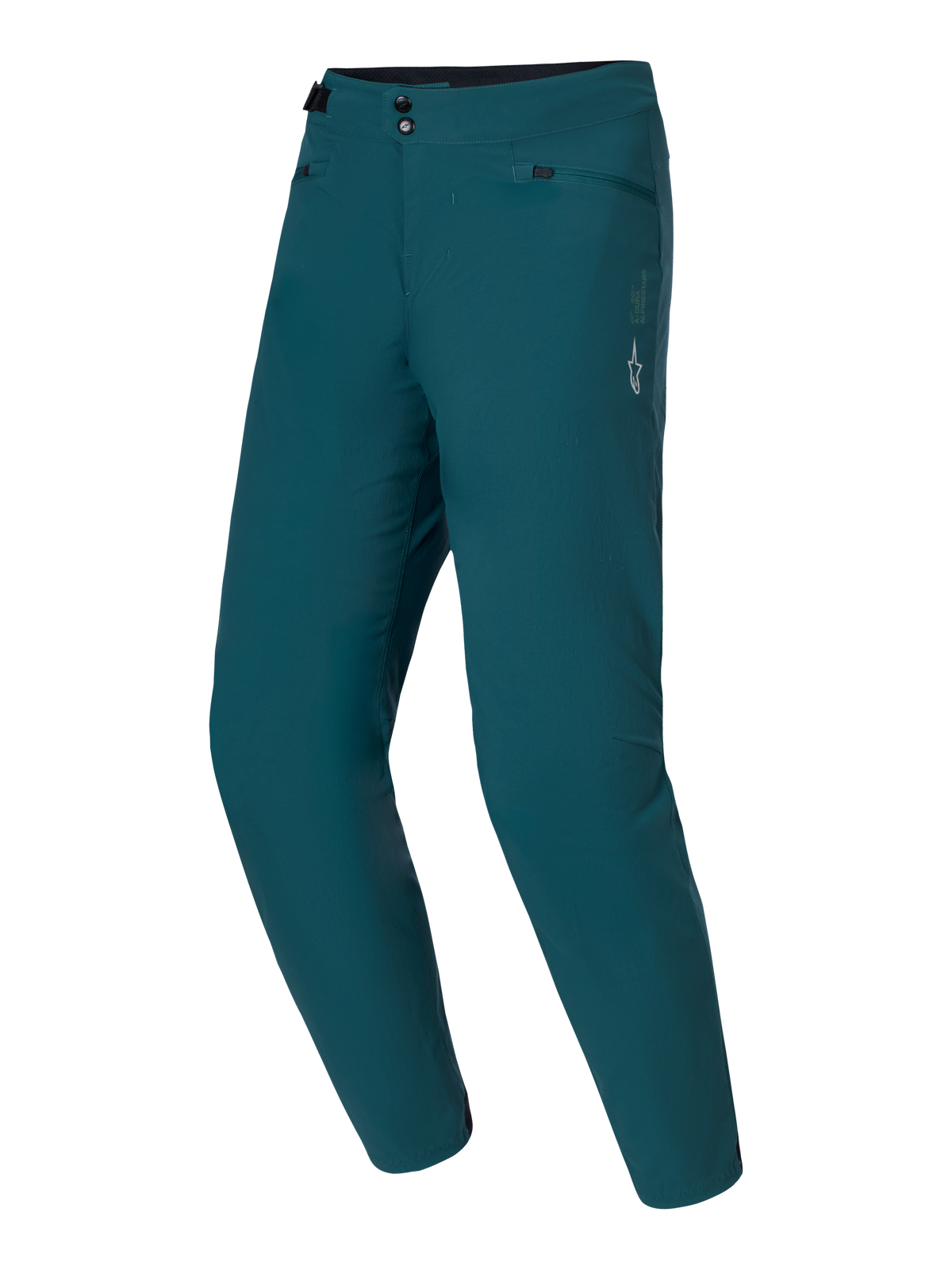 Alpinestars A-Dura Pants, spodnie do jazdy na rowerze górskim (MTB), ciemnozielone (Dark Pine), podwójne zapięcie na zatrzaski i boczna regulacja w pasie, białe logo gwiazdy na lewym udzie, wytrzymała, rozciągliwa tkanina 2-way stretch do jazdy po szlakach