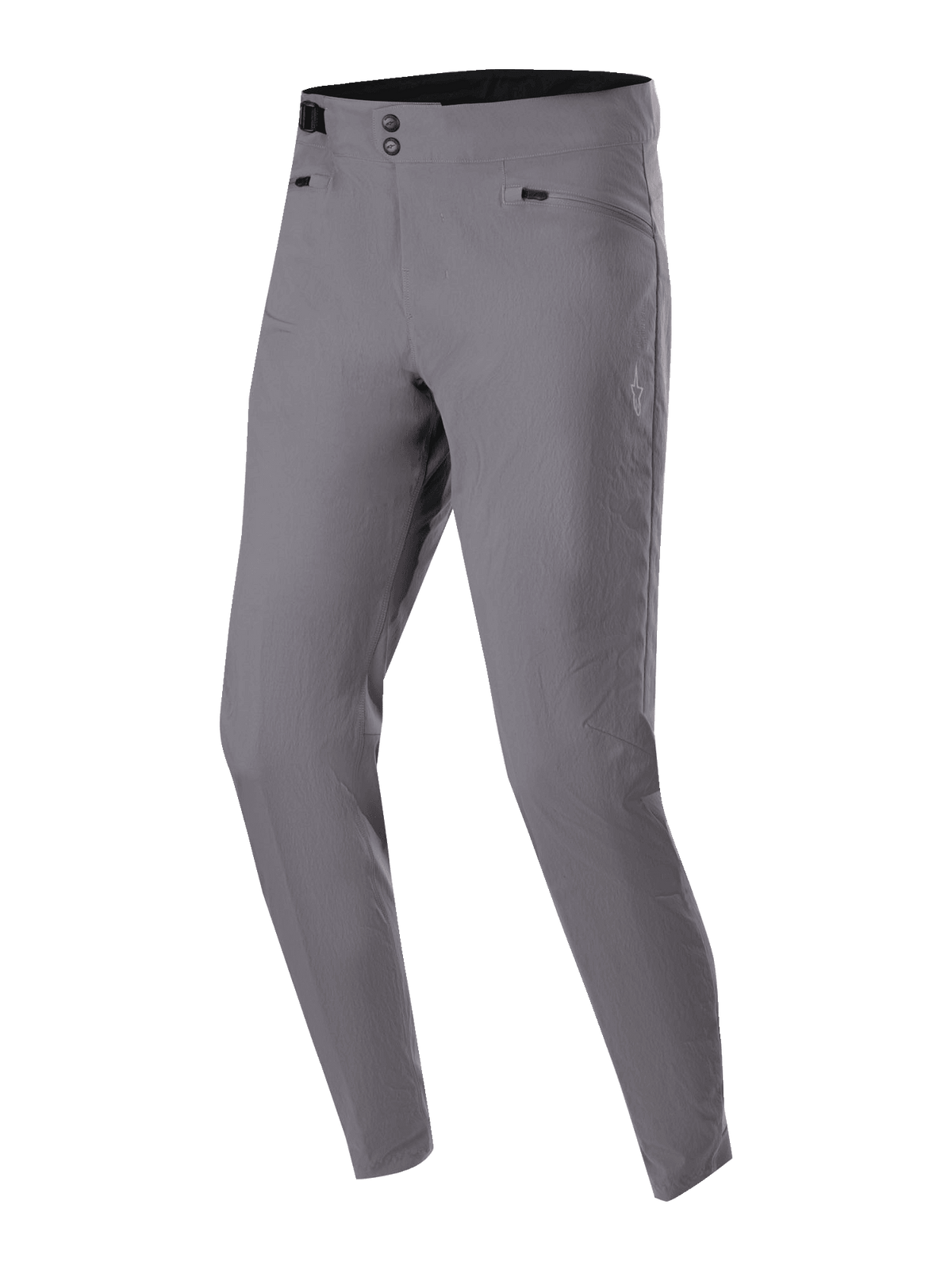 Alpinestars A-Dura Pants, spodnie rowerowe MTB, ciemnoszare, podwójne zapięcie na zatrzaski, boczna regulacja w pasie, kieszenie na biodrach zapinane na zamek, wytrzymały materiał 2-way stretch do kolarstwa górskiego